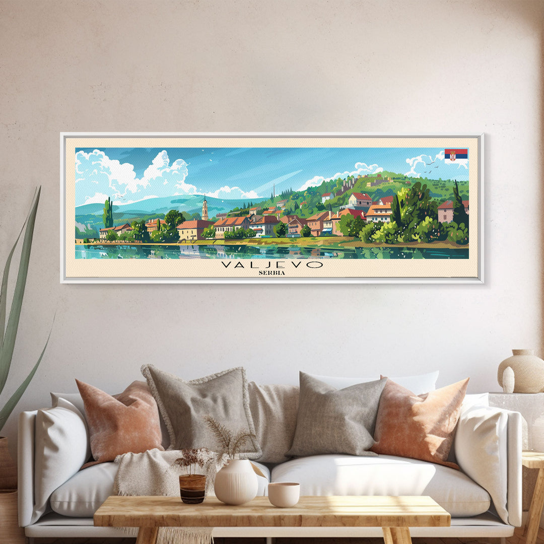 Valjevo Serbia Panoramic Travel Poster, Framed Canvas Print or Metal Wall Art, Travel Art, Home Decor, Panoramic Painting, Midcentury Art