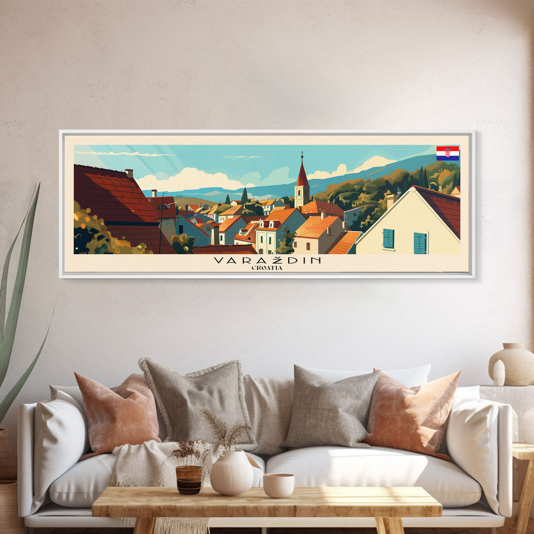 Varazdin Croatia Panoramic Travel Poster, Framed Canvas Print or Metal Wall Art, Travel Art, Home Decor, Panoramic Painting, Midcentury Art