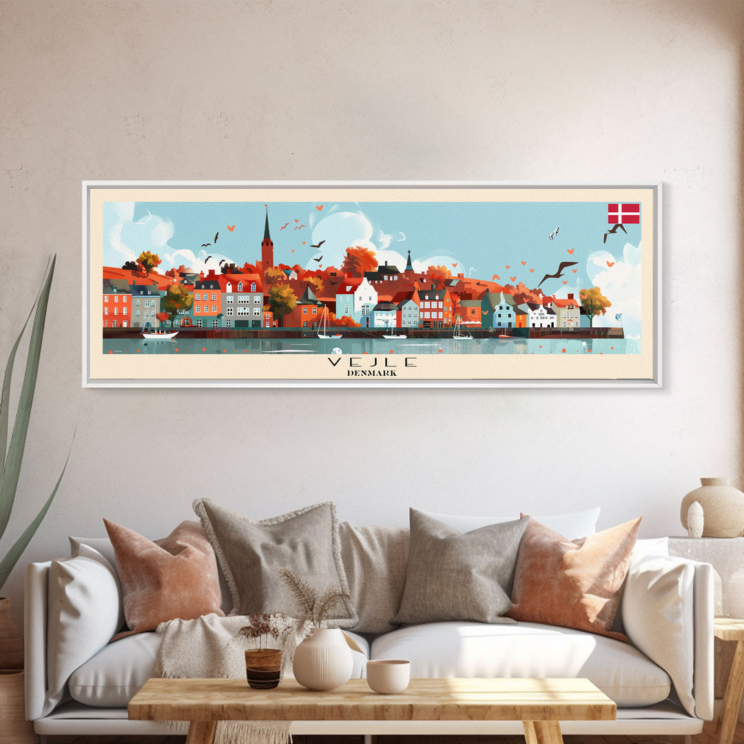 Vejle Denmark Travel Art, City Art, Framed Canvas Print or Metal Wall Art, Europe Travel Poster, Panoramic Wall Art, Extra Wide Wall Art