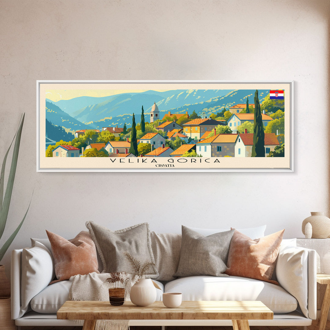 Velika Gorica Croatia Panoramic Travel Poster, Framed Canvas Print or Metal Wall Art, Travel Art, Home Decor, Panoramic Painting, Midcentury Art