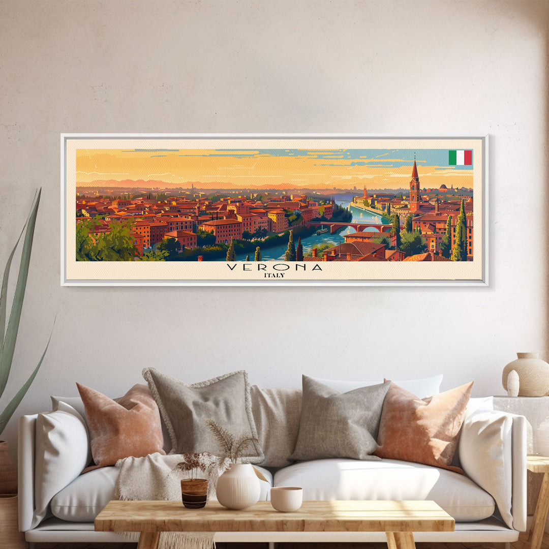 Verona Italy Travel Art, City Art, Framed Canvas Print or Metal Wall Art, Europe Travel Poster, Panoramic Wall Art, Extra Wide Wall Art