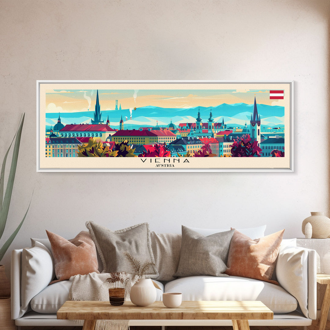 Vienna Austria Panoramic Travel Poster, Framed Canvas Print or Metal Wall Art, Travel Art, Home Decor, Panoramic Painting, Midcentury Art