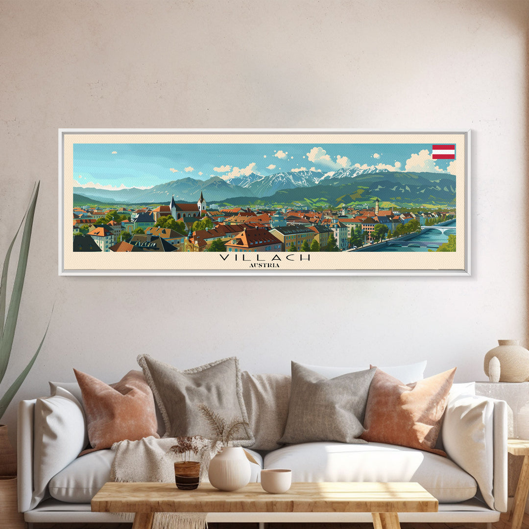 Villach Austria Travel Art, City Art, Framed Canvas Print or Metal Wall Art, Europe Travel Poster, Panoramic Wall Art, Extra Wide Wall Art