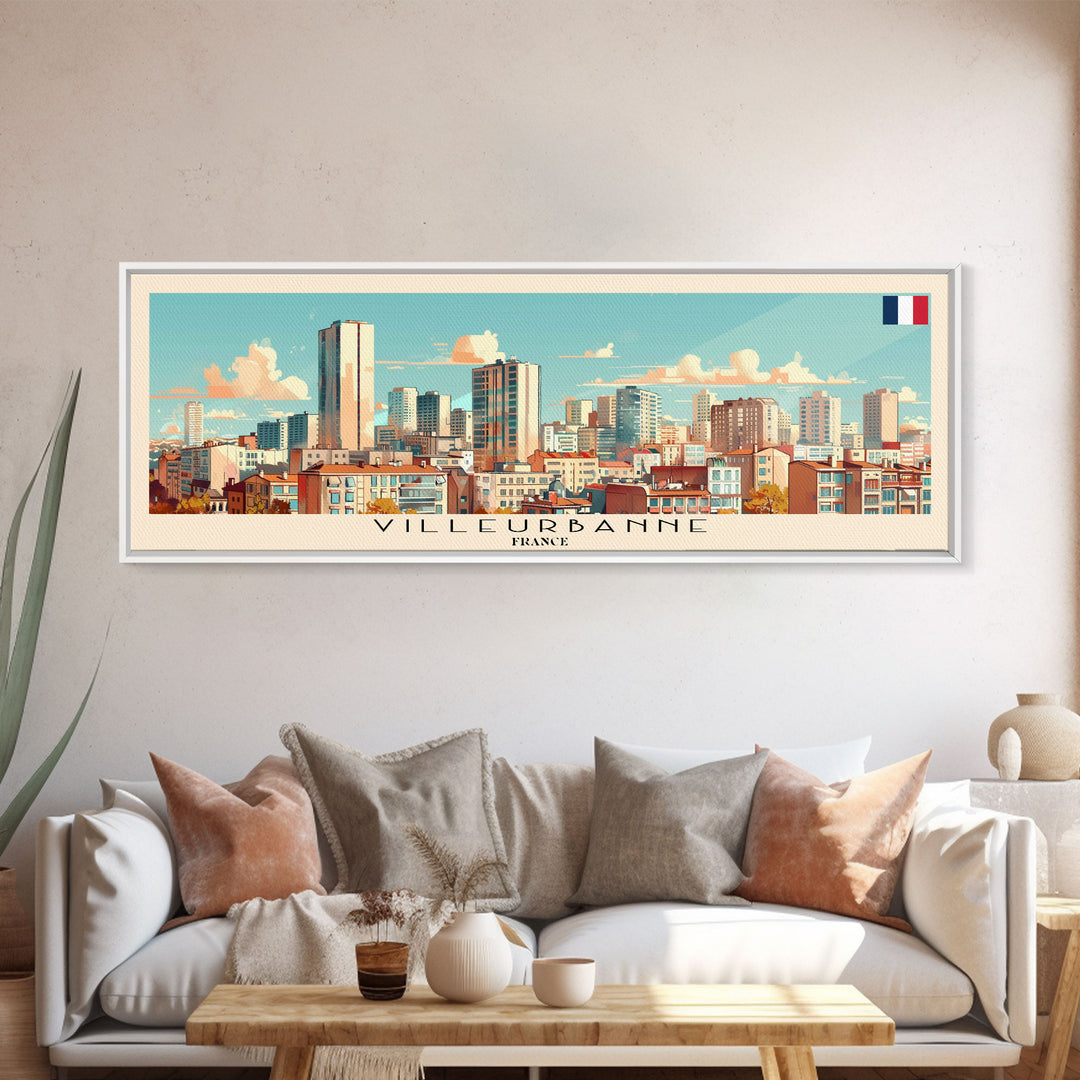 Villeurbanne France Panoramic Travel Poster, Framed Canvas Print or Metal Wall Art, Travel Art, Home Decor, Panoramic Painting, Midcentury Art