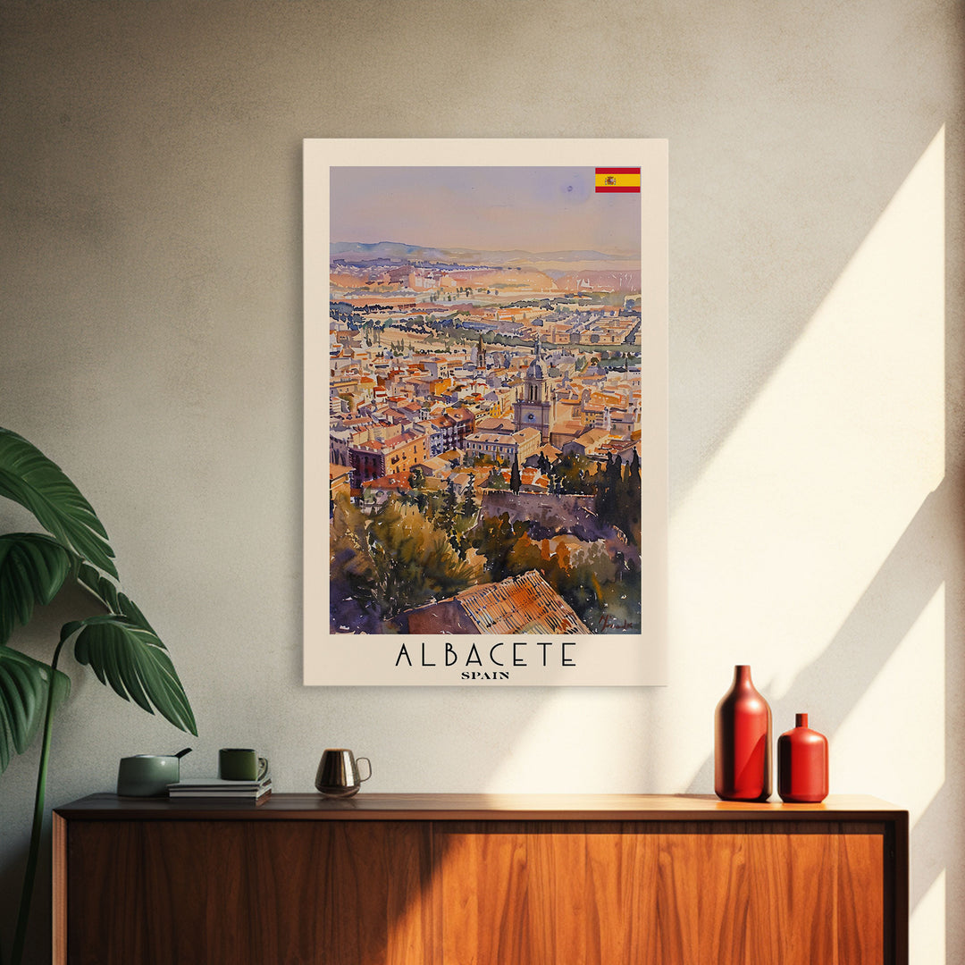 Albacete Spain Skyline Travel Poster Art, Framed Canvas Print, Vibrant Wall Art for Living Room, Bedroom Decor, Home Decoration