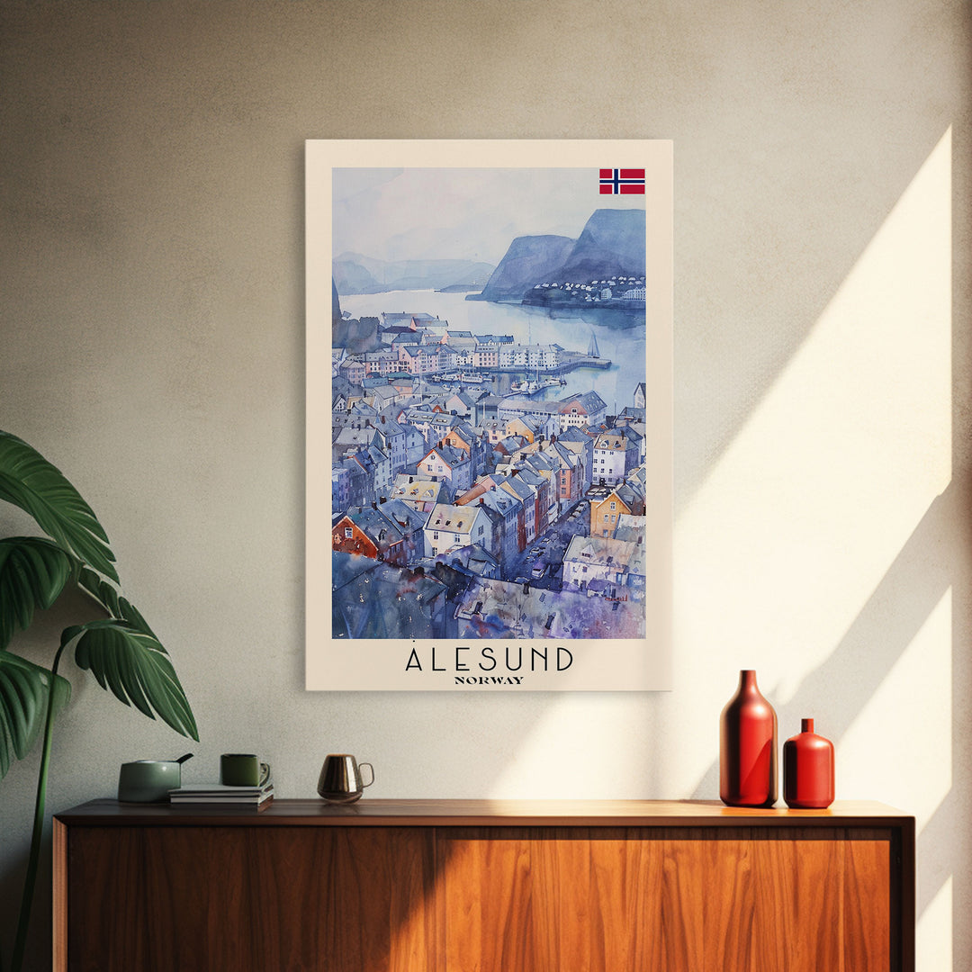 Ålesund Norway Coastal Town Travel Poster Art, Framed Canvas Print, Scenic Wall Art for Living Room, Bedroom Decor, Home Decoration