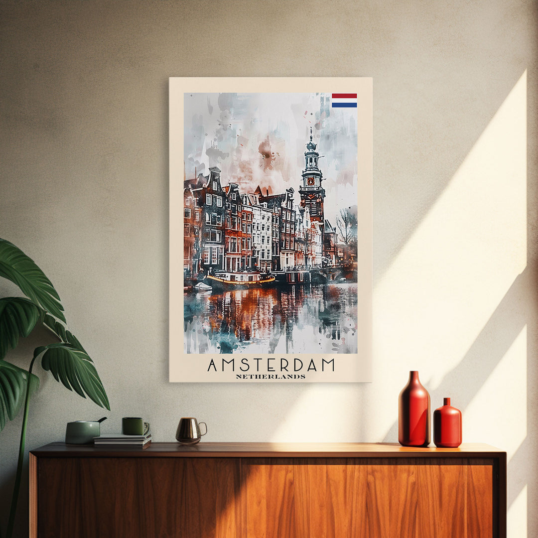 Stunning Amsterdam Cityscape, Framed Canvas Print, Perfect for Living Room Art, Travel Poster, Boho Home Decor, Watercolor Art