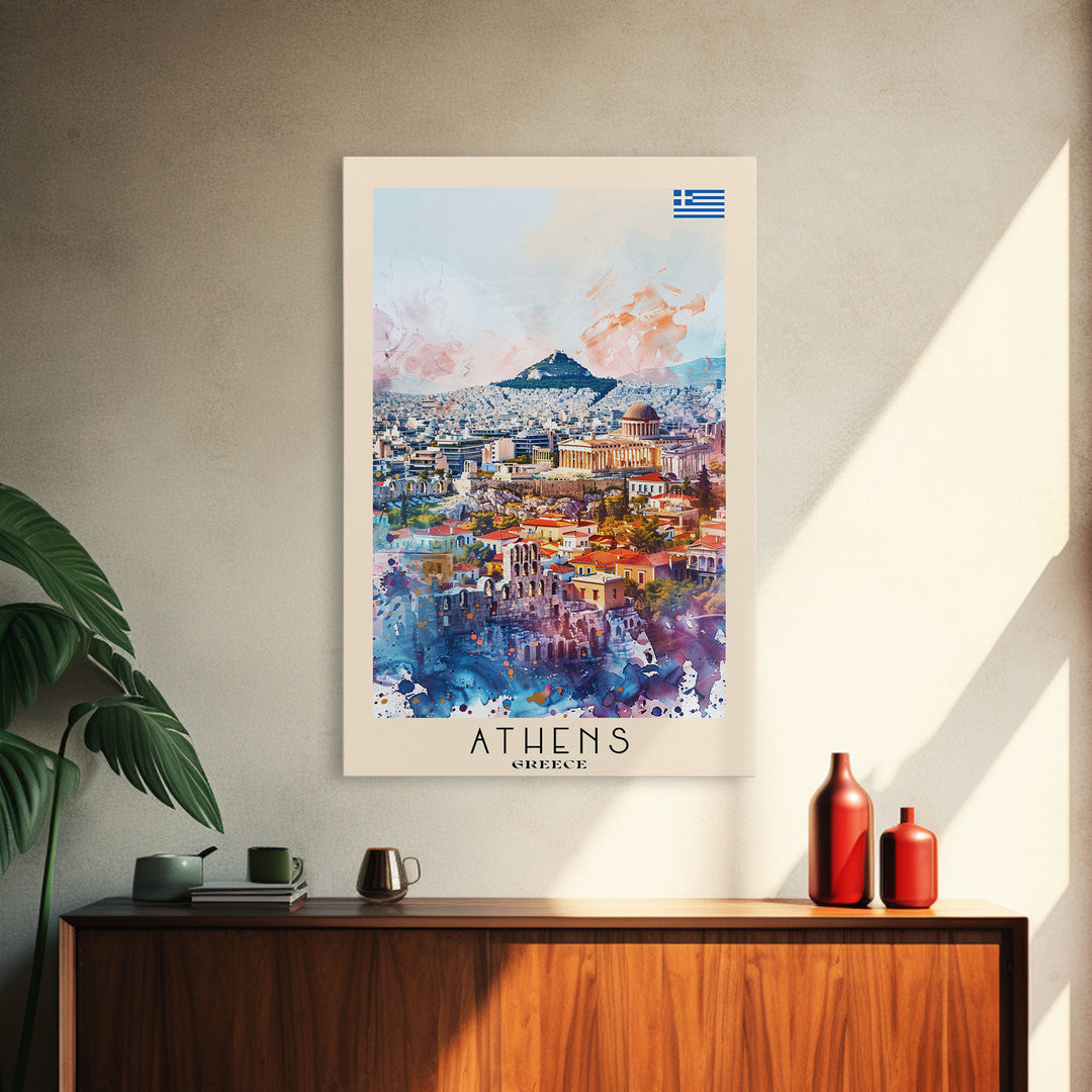 Athens Greece Travel Poster Framed Canvas Print, Wall Art, Home Decor, Vacation Print, Watercolor Painting, Ancient Ruins, Historical Art