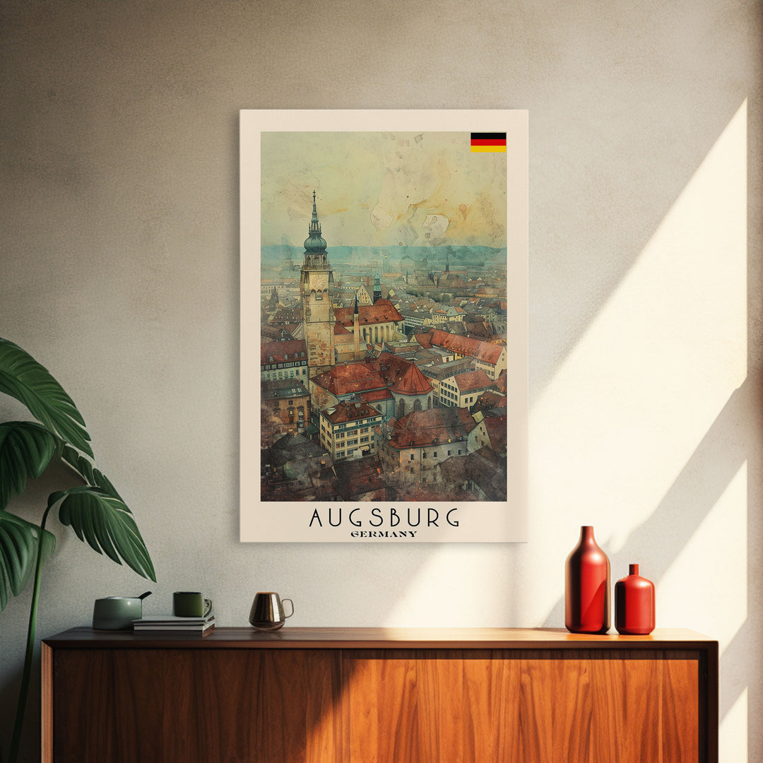 Augsburg Germany Travel Poster Framed Canvas Print, Wall Art, Home Decor, Travel Print, Watercolor Painting, Historical Cityscape, Original Art