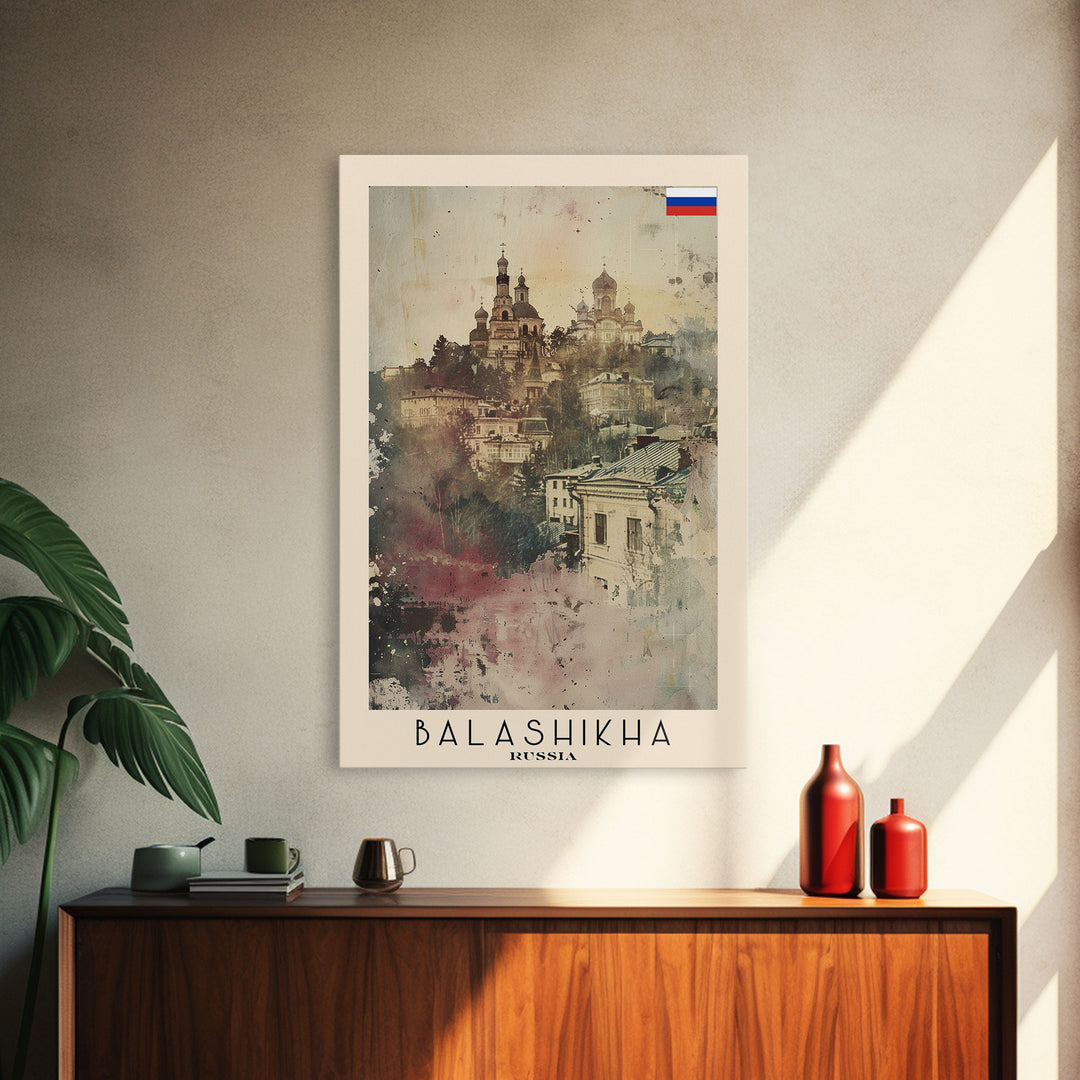 Balashikha Russia Travel Poster Framed Canvas Print, Wall Art, Home Decor, Vacation Print, Watercolor Painting, Cityscape Art, Atmospheric Art