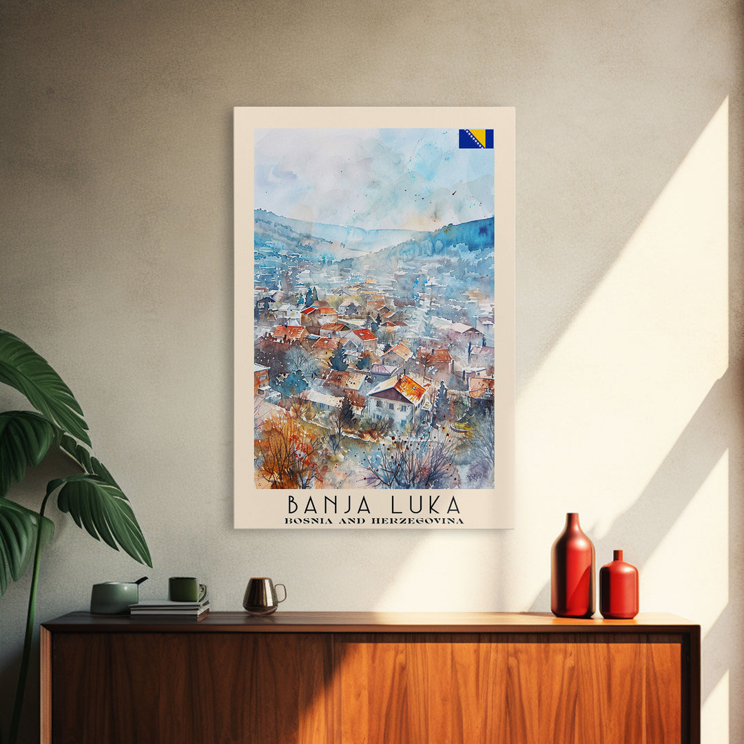 Banja Luka Bosnia Travel Poster Framed Canvas Print, Wall Art, Home Decor, Travel Print, Watercolor Painting, Scenic View, Original Art