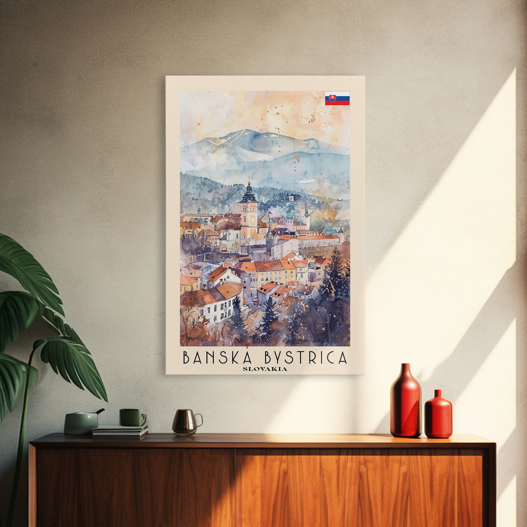 Banska Bystrica Slovakia Travel Poster Framed Canvas Print, Wall Art, Home Decor, Vacation Print, Watercolor Painting, Cityscape Art