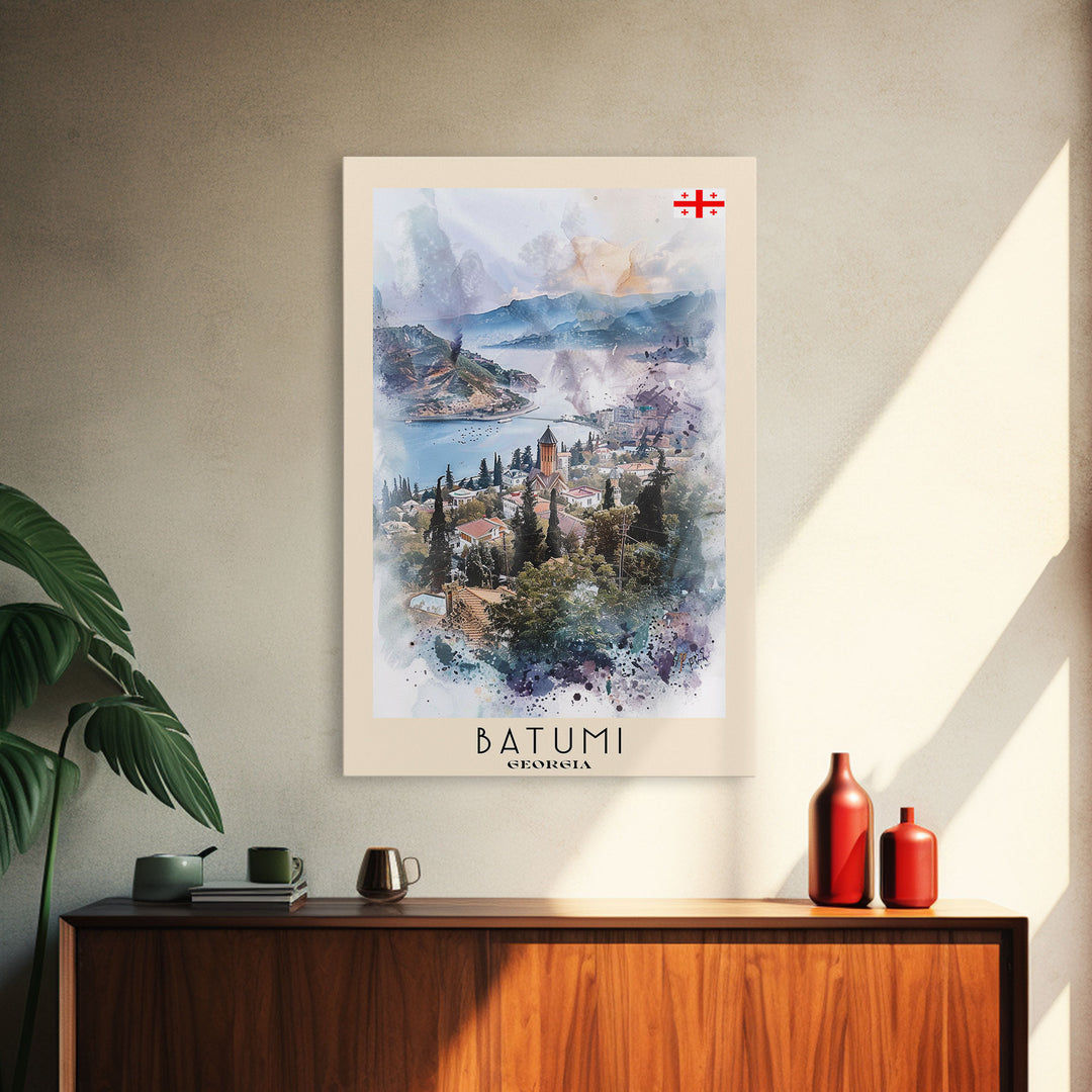 Batumi Georgia Travel Poster Framed Canvas Print, Wall Art, Home Decor, Watercolor Painting, Vacation Gift, Minimalist Art