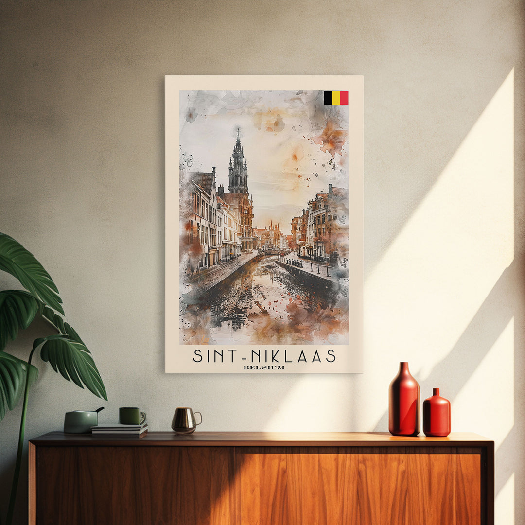 Sint-Niklaas Belgium Travel Poster Framed Canvas Print, Watercolor Painting, Scenic Wall Art, Home Decor, Belgian Cityscape, Classic Decor