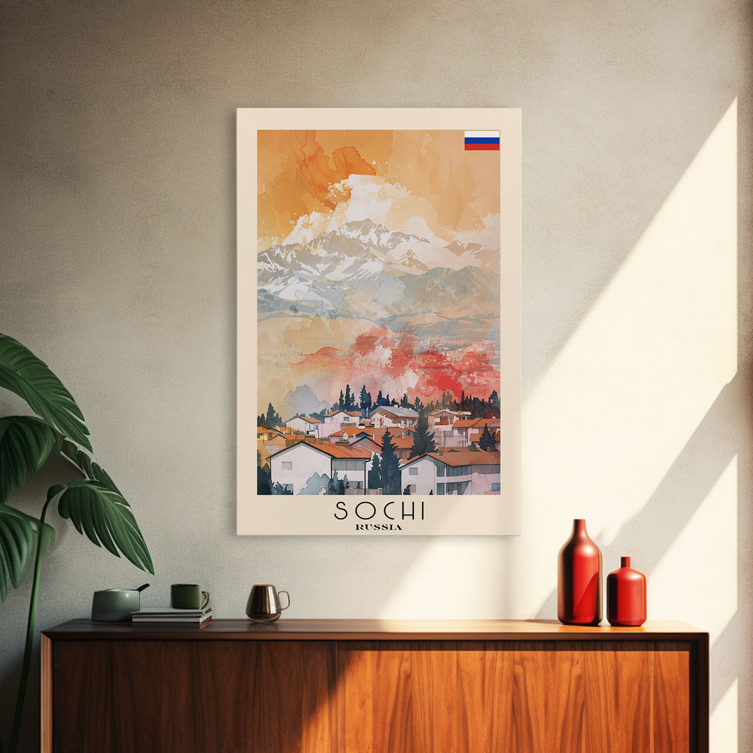 Sochi Russia Travel Poster Framed Canvas Print, Watercolor Painting, Coastal Wall Art, Home Decor, Russian Seaside, Vibrant Art