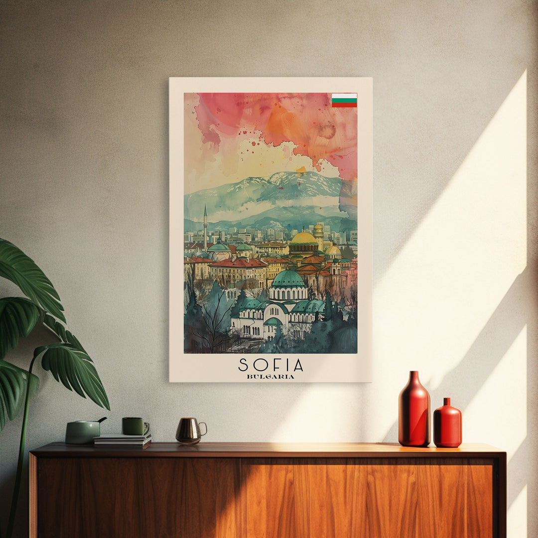 Sofia Bulgaria Travel Poster Framed Canvas Print, Watercolor Painting, Scenic Wall Art, Home Decor, Bulgarian Cityscape, Modern Decor