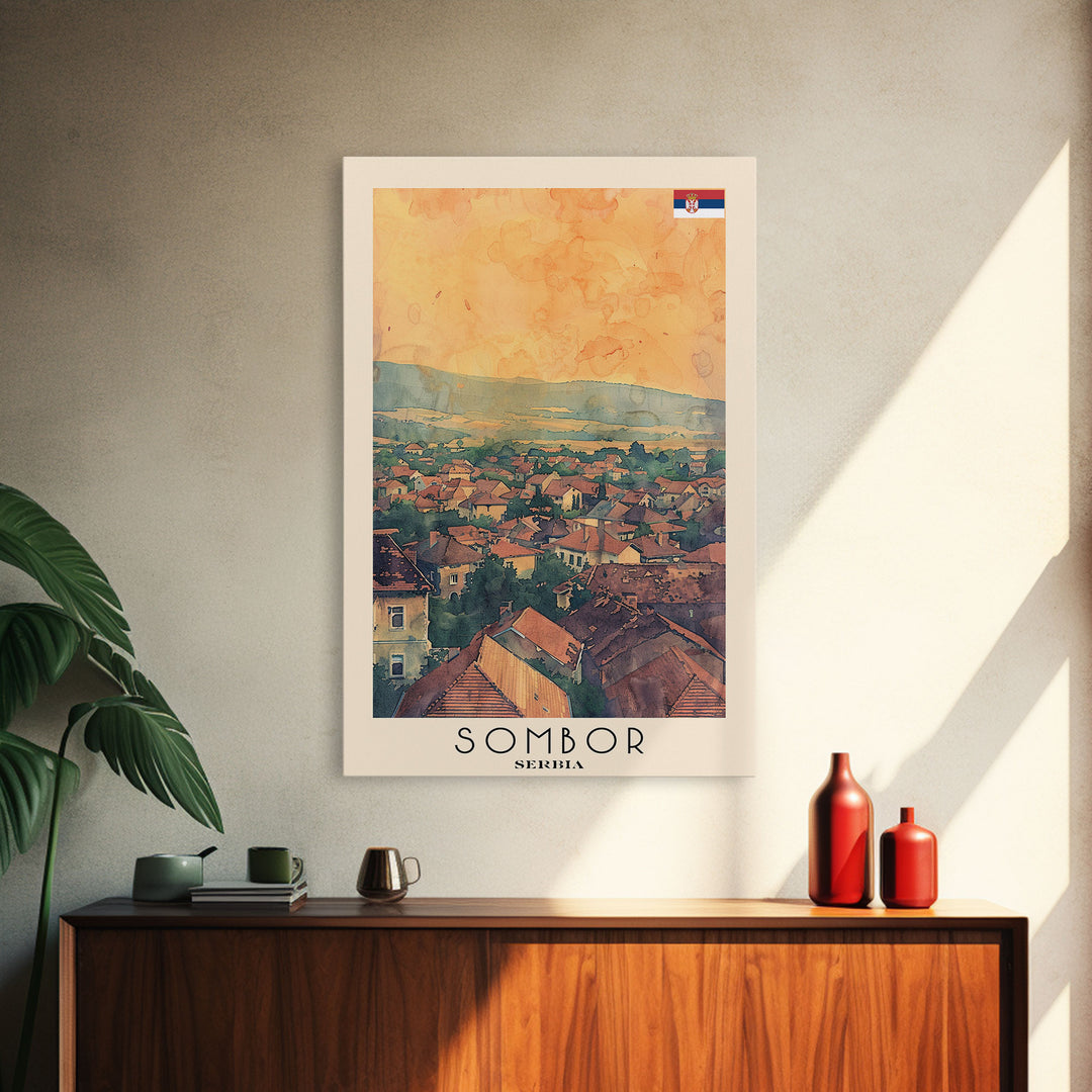 Sombor Serbia Travel Poster Framed Canvas Print, Watercolor Painting, Scenic Wall Art, Home Decor, Serbian Landscape, Classic Art