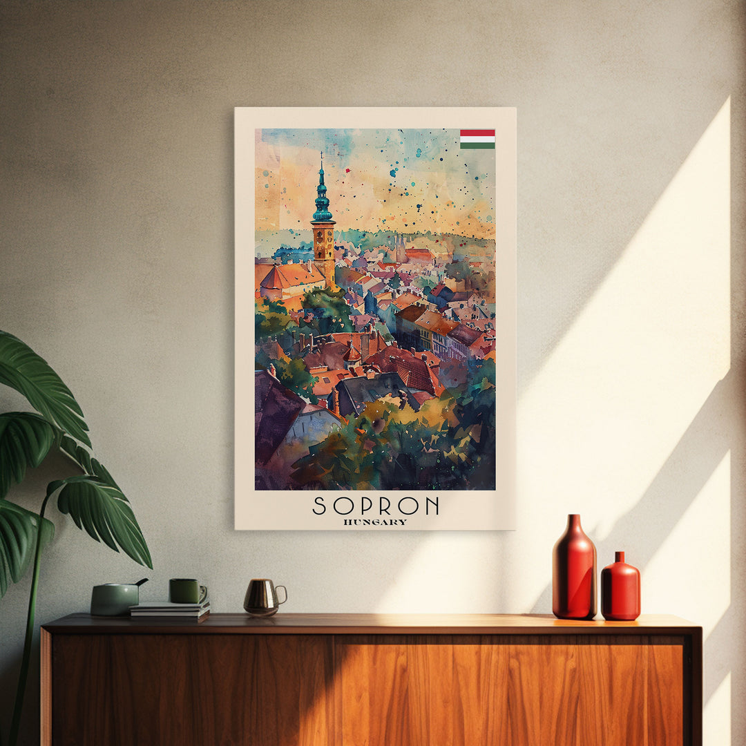 Sopron Hungary Travel Poster Framed Canvas Print, Watercolor Painting, Scenic Wall Art, Home Decor, Hungarian Cityscape, Artistic Art