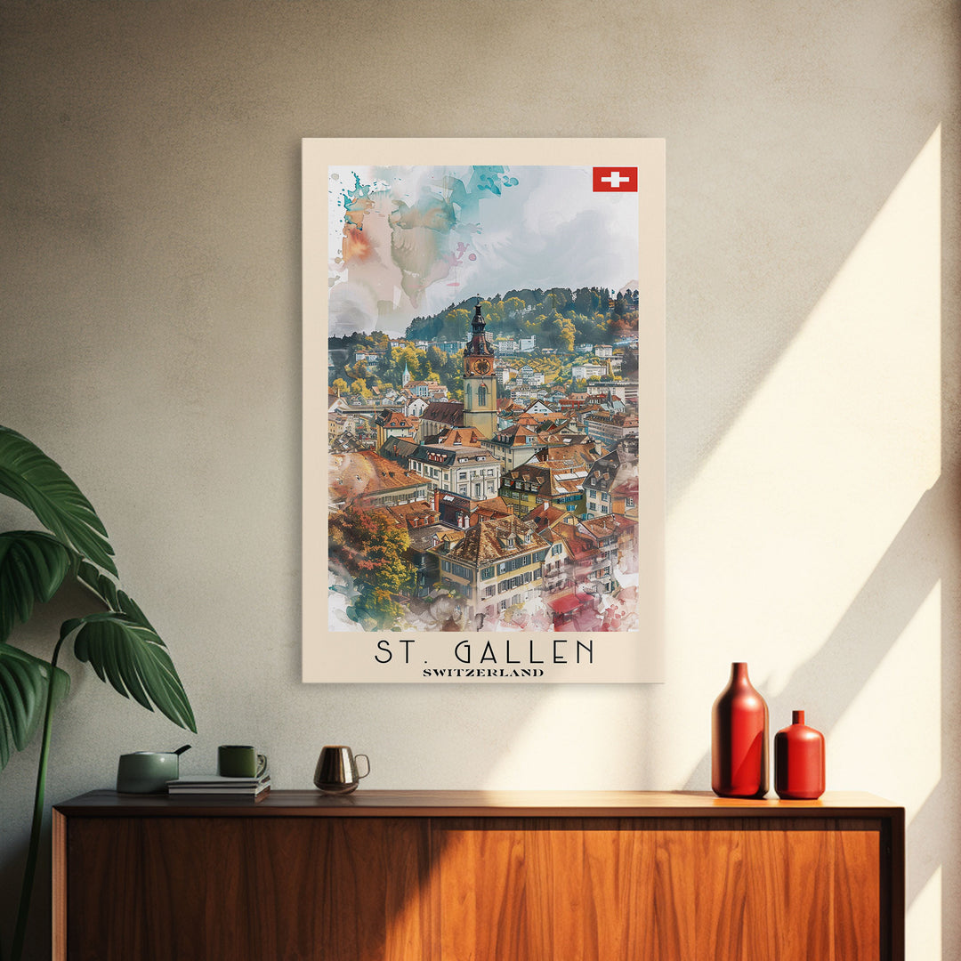 St Gallen Switzerland Travel Poster Framed Canvas Print, Watercolor Painting, Scenic Wall Art, Home Decor, Swiss Landscape, Classic Art