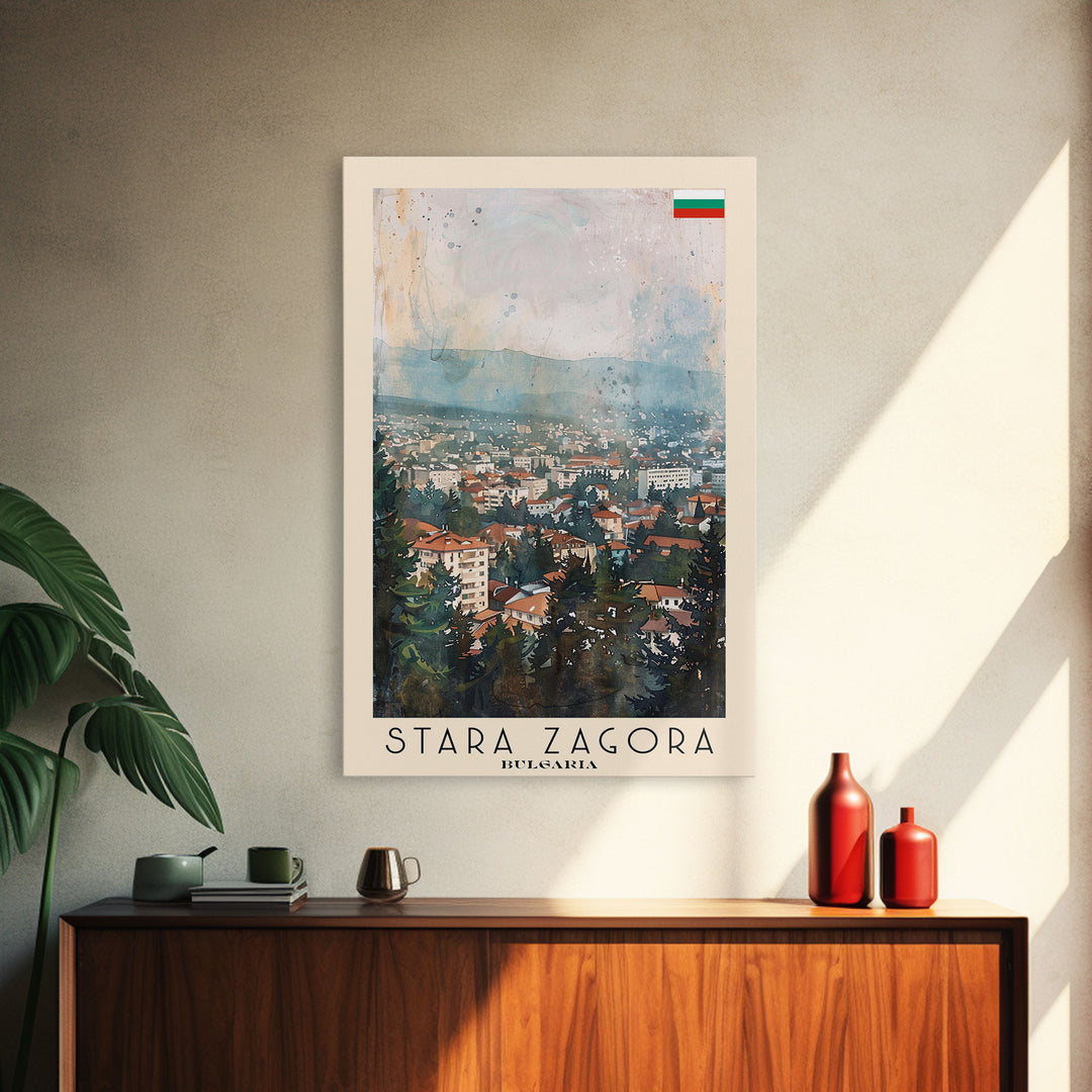 Stara Zagora Bulgaria Travel Poster Framed Canvas Print, Watercolor Painting, Scenic Wall Art, Home Decor, Bulgarian Landscape, Modern Art