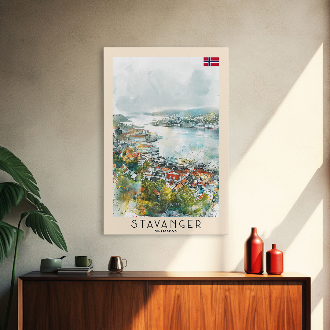 Stavanger Norway Travel Poster Framed Canvas Print, Watercolor Painting, Coastal Wall Art, Home Decor, Norwegian Seaside, Nautical Decor