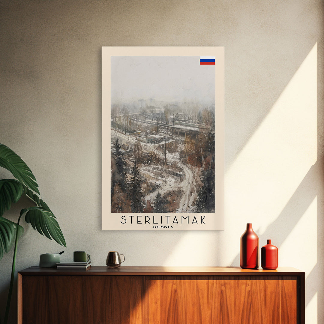 Sterlitamak Russia Travel Poster Framed Canvas Print, Watercolor Painting, Scenic Wall Art, Home Decor, Russian Landscape, Traditional Art