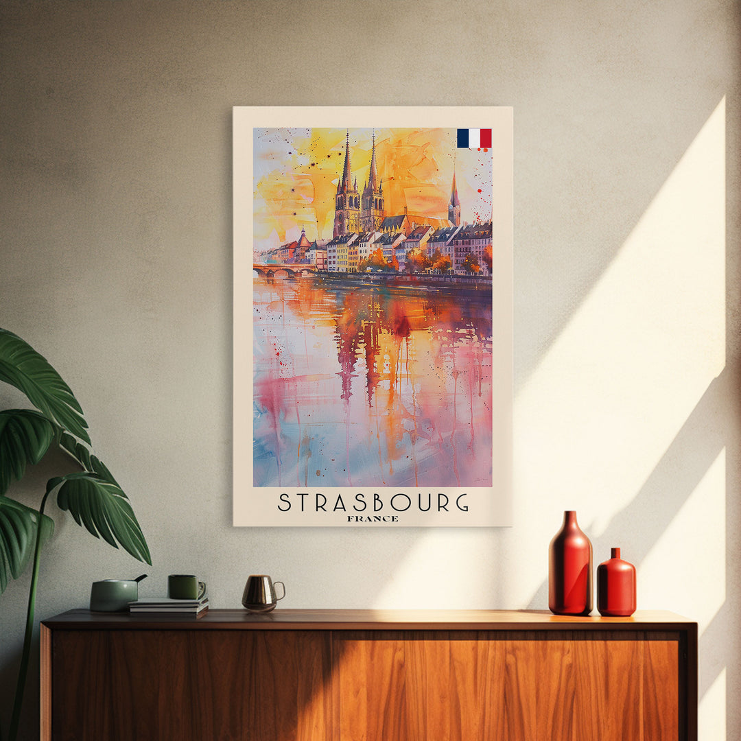 Strasbourg France Travel Poster Framed Canvas Print, Watercolor Painting, Historic Wall Art, Home Decor, French Architecture, Chic Decor