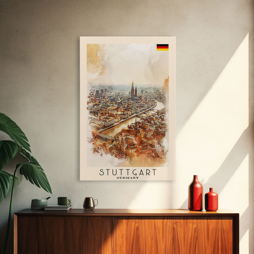 Stuttgart Germany Travel Poster Framed Canvas Print, Watercolor Painting, Urban Wall Art, Home Decor, German Cityscape, Modern Art