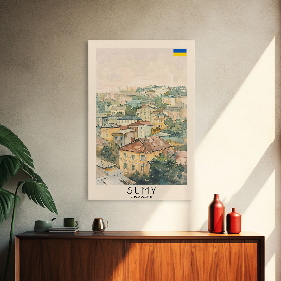 Sumy Ukraine Travel Poster Framed Canvas Print, Watercolor Painting, Scenic Wall Art, Home Decor, Ukrainian Landscape, Bohemian Decor