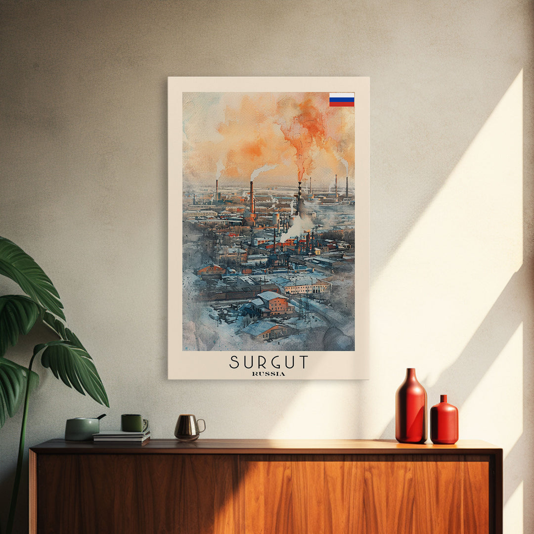 Surgut Russia Travel Poster Framed Canvas Print, Watercolor Painting, Scenic Wall Art, Home Decor, Russian Landscape, Minimalist Art