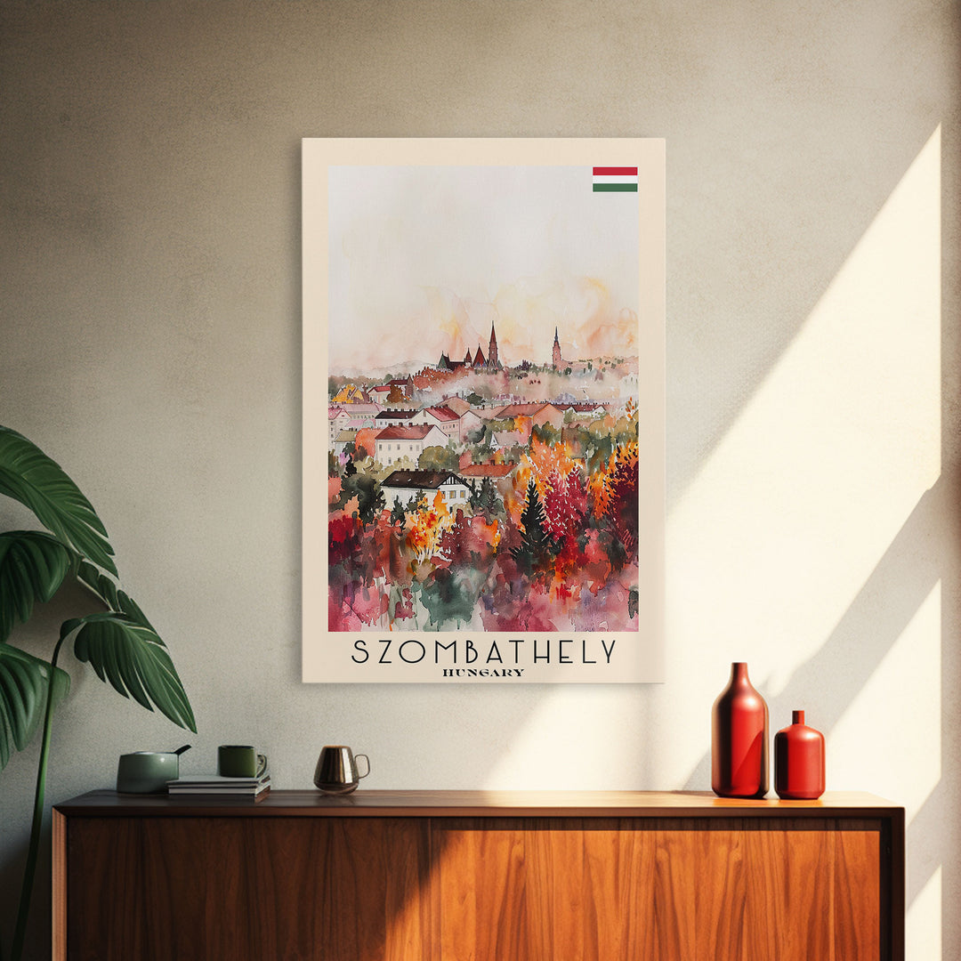 Szombathely Hungary Travel Poster Framed Canvas Print, Watercolor Painting, Scenic Wall Art, Home Decor, Hungarian Cityscape, Classic Art