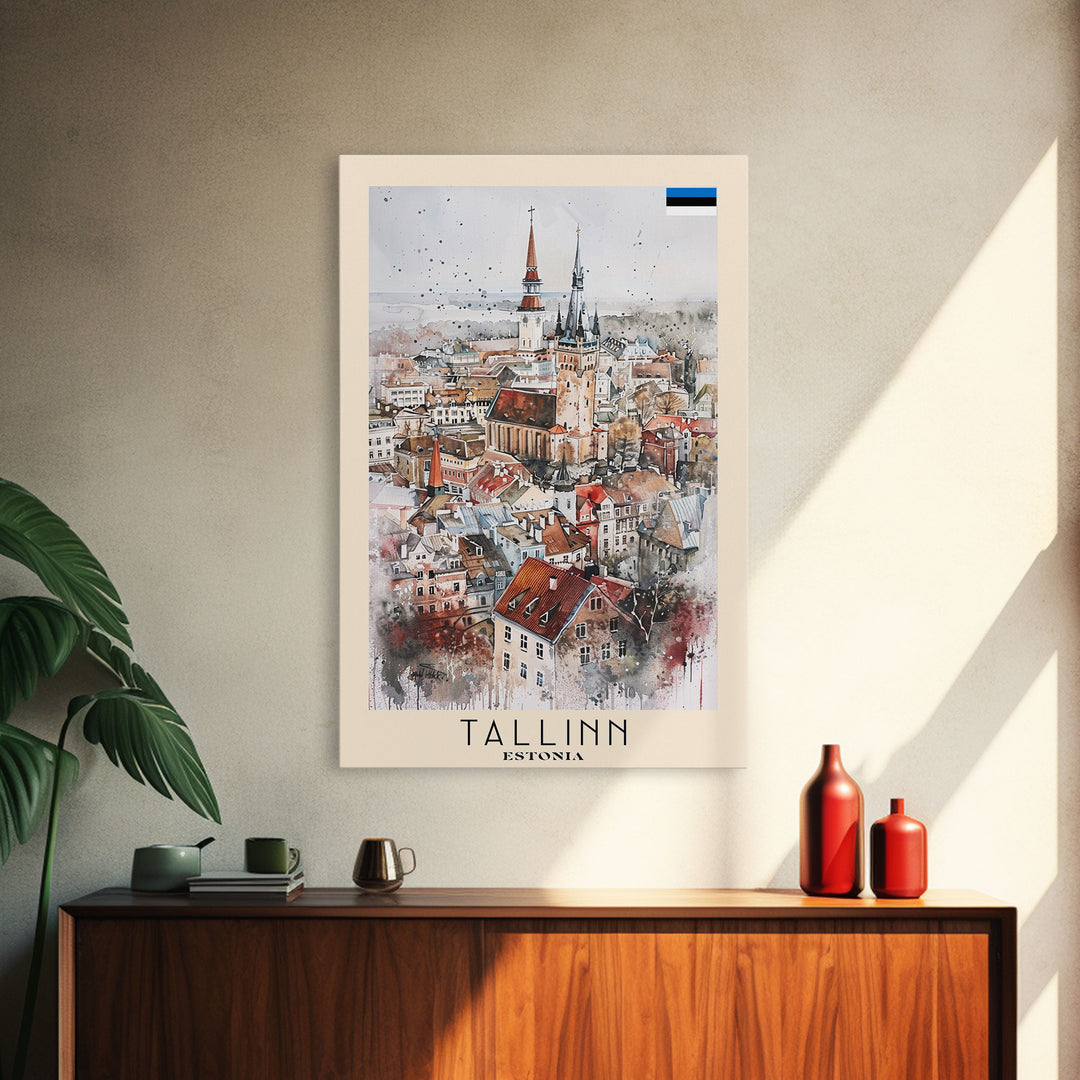 Tallinn Estonia Travel Poster Framed Canvas Print, Watercolor Painting, Scenic Wall Art, Home Decor, Estonian Cityscape, Modern Art