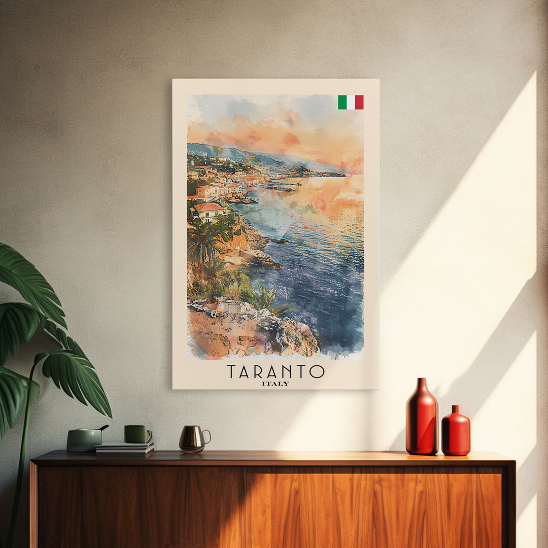 Taranto Italy Travel Poster Framed Canvas Print, Watercolor Painting, Coastal Wall Art, Home Decor, Italian Seaside, Nautical Decor