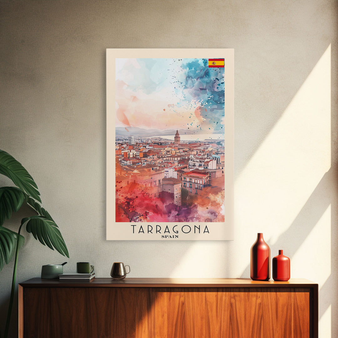 Tarragona Spain Travel Poster Framed Canvas Print, Watercolor Painting, Scenic Wall Art, Home Decor, Spanish Cityscape, Classic Art