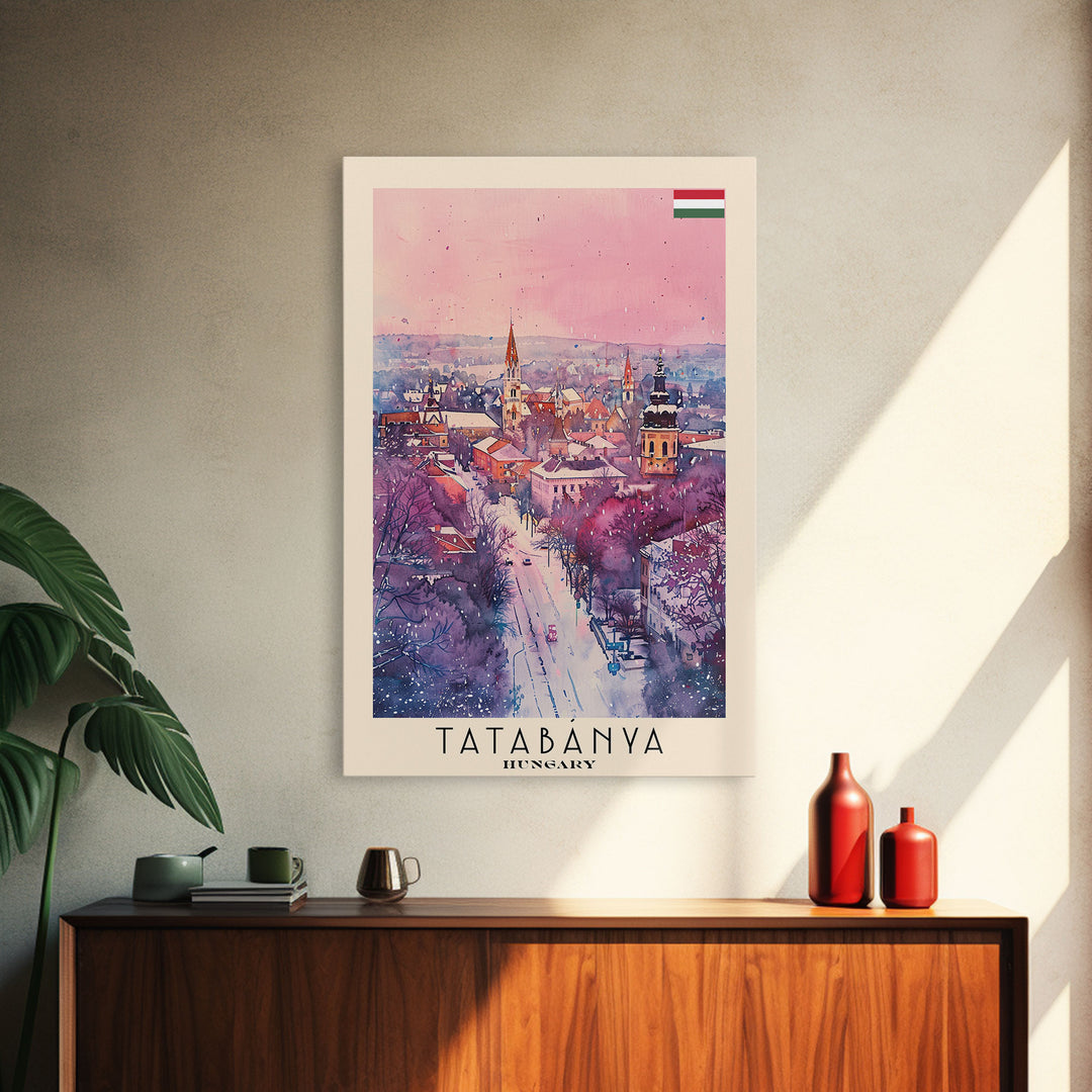 Tatabanya Hungary Travel Poster Framed Canvas Print, Watercolor Painting, Scenic Wall Art, Home Decor, Hungarian Landscape, Vibrant Art