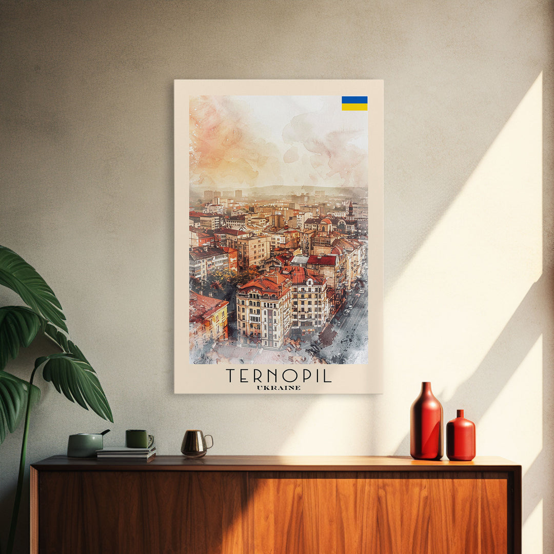 Ternopil Ukraine Travel Poster Framed Canvas Print, Watercolor Painting, Scenic Wall Art, Home Decor, Ukrainian Landscape, Classic Decor