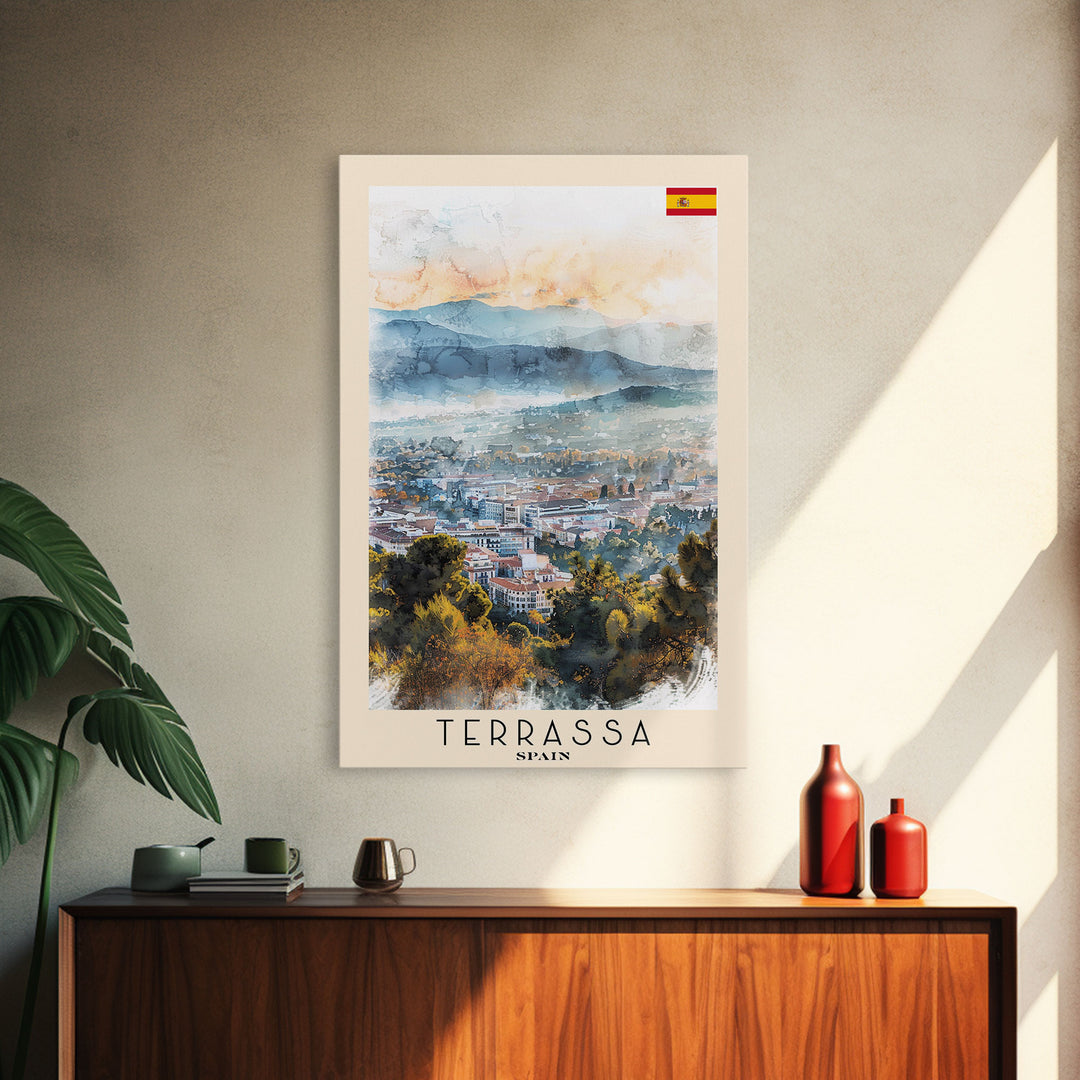 Terrassa Spain Travel Poster Framed Canvas Print, Watercolor Painting, Urban Wall Art, Home Decor, Spanish Cityscape, Modern Art