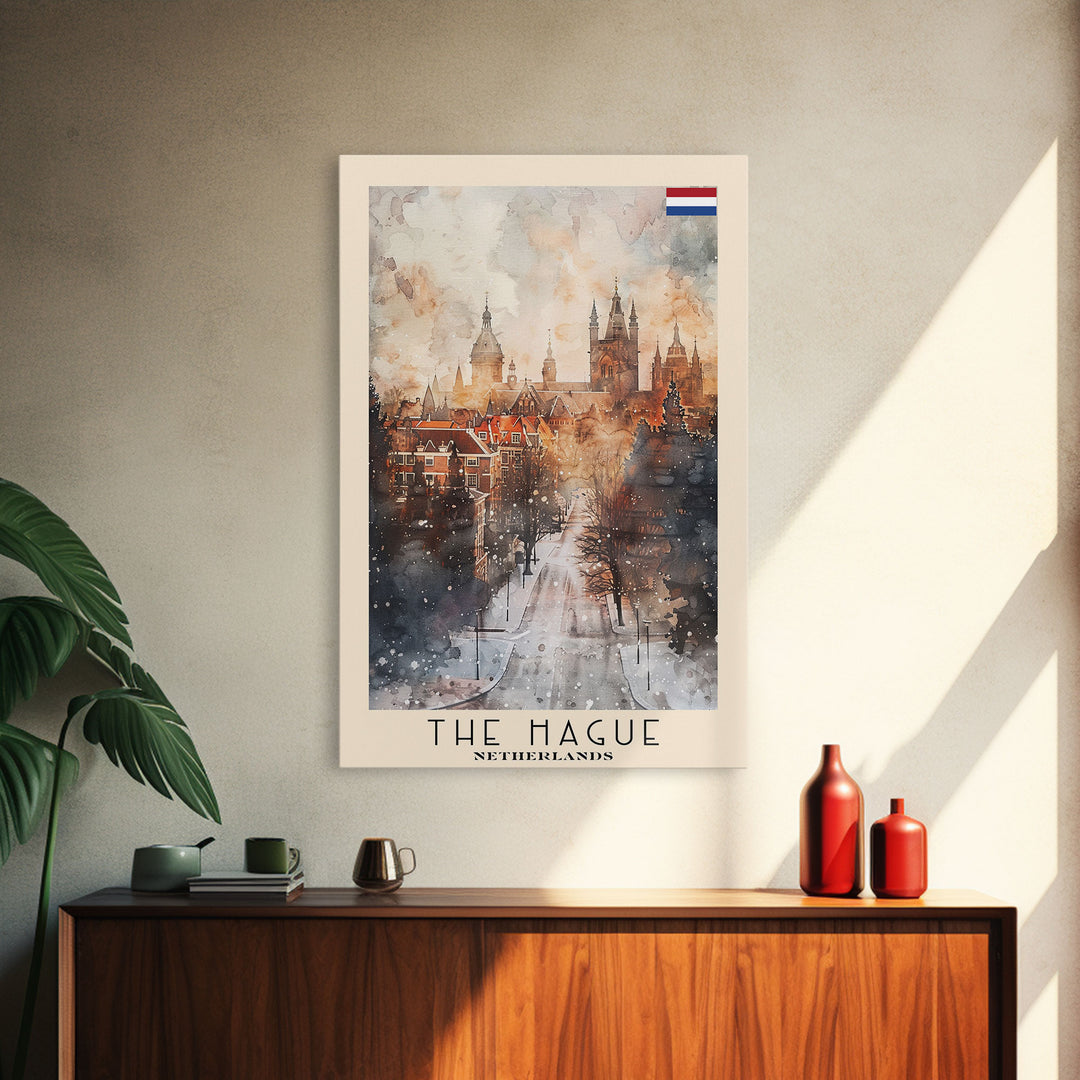 The Hague Netherlands Travel Poster Framed Canvas Print, Watercolor Painting, Scenic Wall Art, Home Decor, Dutch Cityscape, Artistic Art