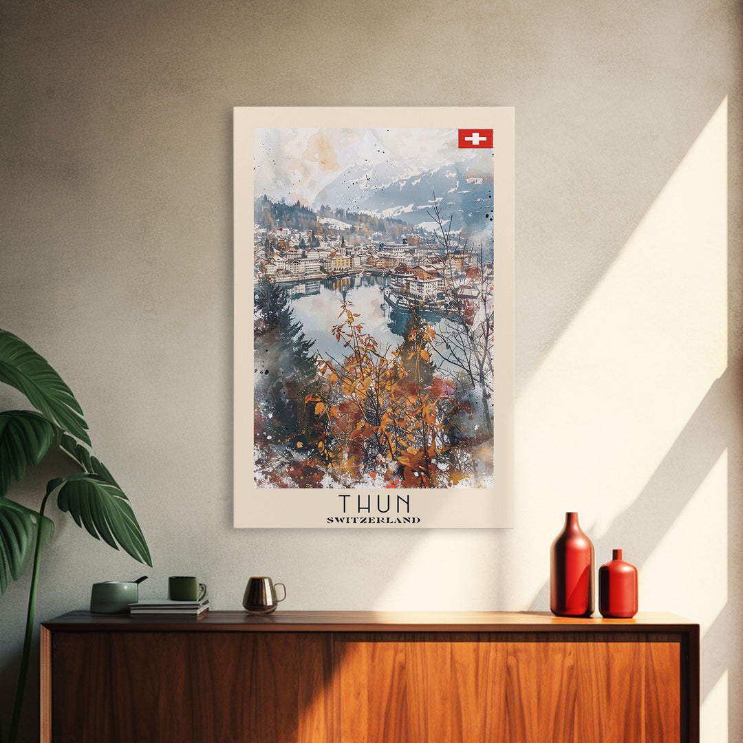 Thun Switzerland Travel Poster Framed Canvas Print, Watercolor Painting, Scenic Wall Art, Home Decor, Swiss Landscape, Alpine Art