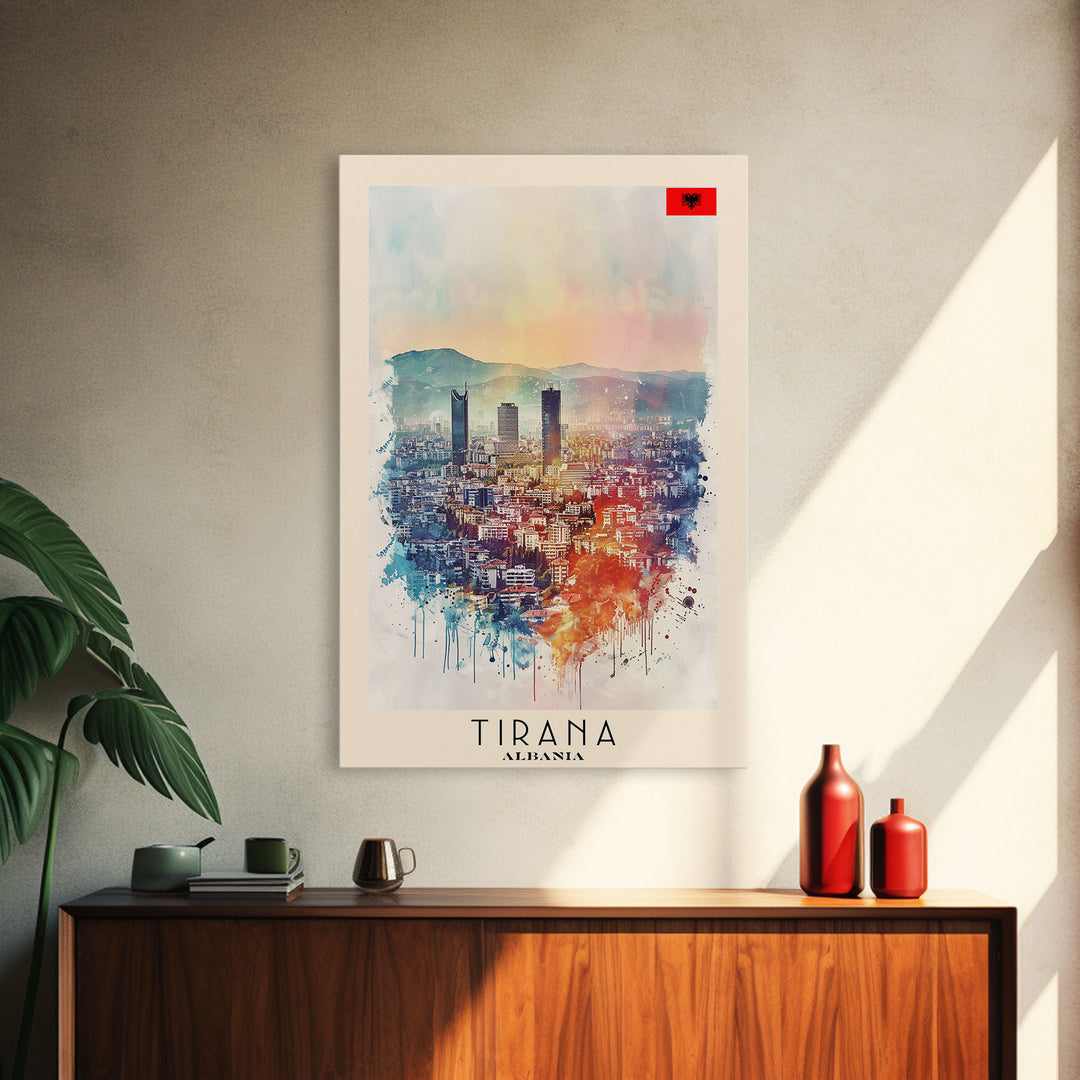 Tirana Albania Travel Poster Framed Canvas Print, Watercolor Painting, Urban Wall Art, Home Decor, Albanian Cityscape, Exotic Decor