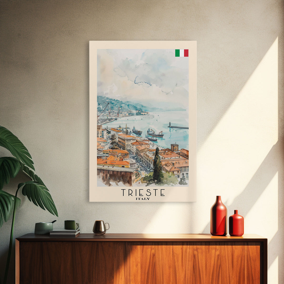 Trieste Italy Travel Poster Framed Canvas Print, Watercolor Painting, Coastal Wall Art, Home Decor, Italian Seaside, Nautical Art