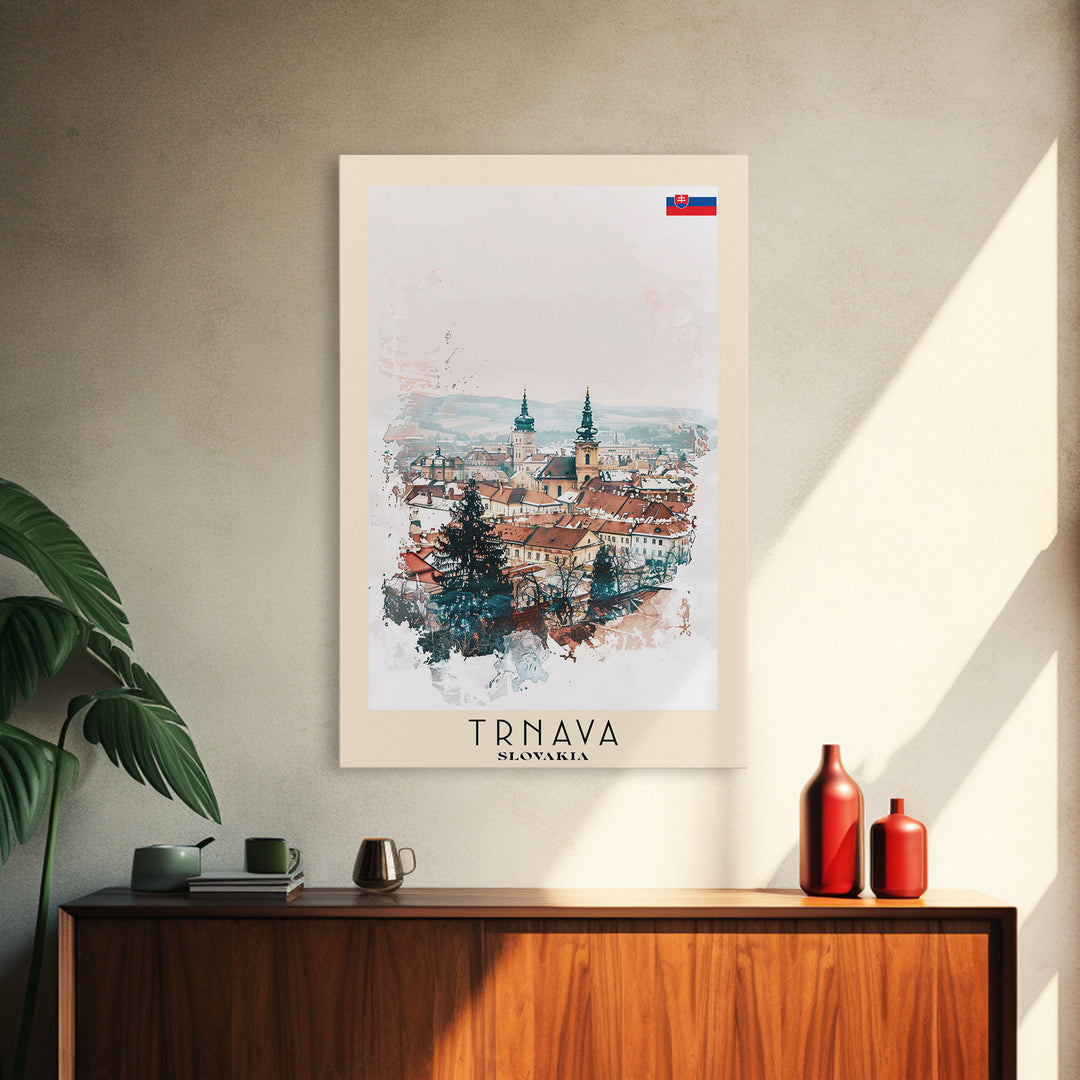 Trnava Slovakia Travel Poster Framed Canvas Print, Watercolor Painting, Scenic Wall Art, Home Decor, Slovakian Cityscape, Modern Decor