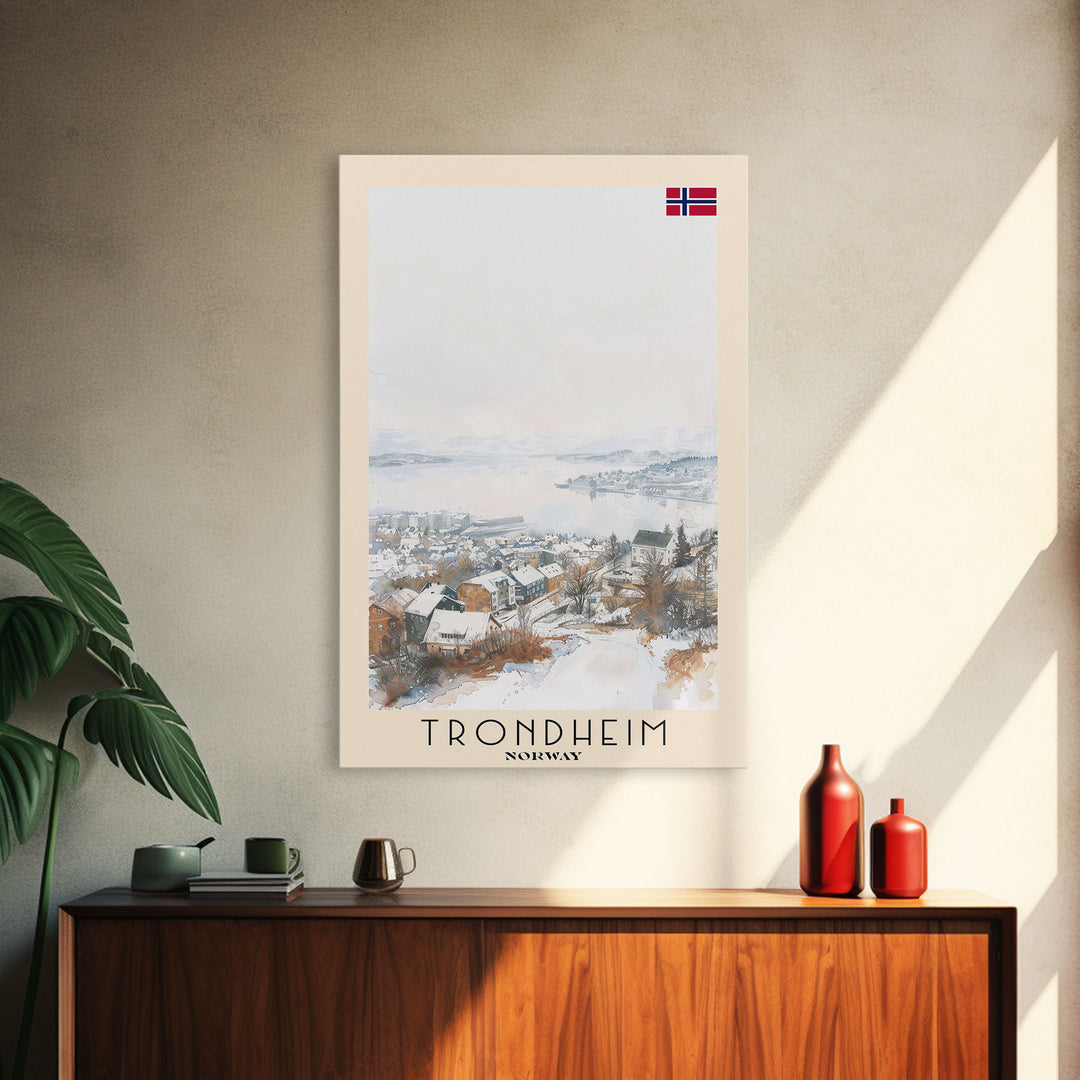 Trondheim Norway Travel Poster Framed Canvas Print, Watercolor Painting, Coastal Wall Art, Home Decor, Norwegian Seaside, Nordic Decor