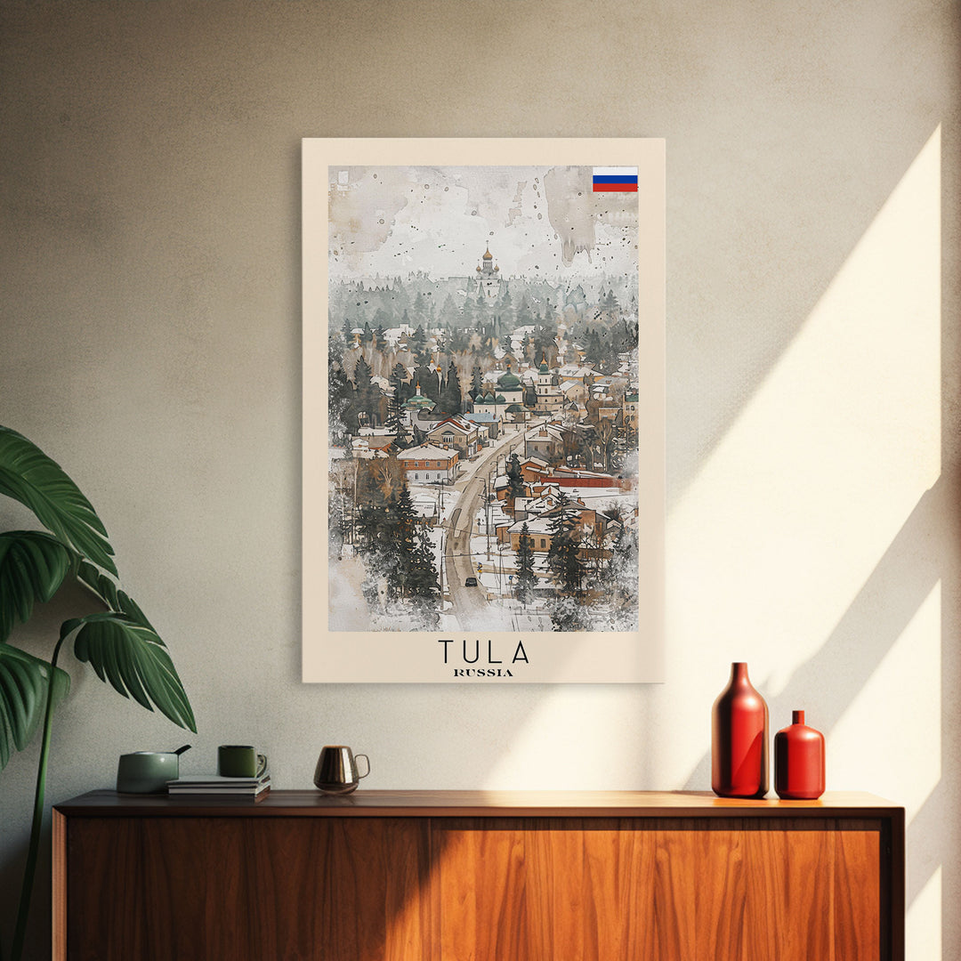 Tula Russia Travel Poster Framed Canvas Print, Watercolor Painting, Urban Wall Art, Home Decor, Russian Cityscape, Classic Art