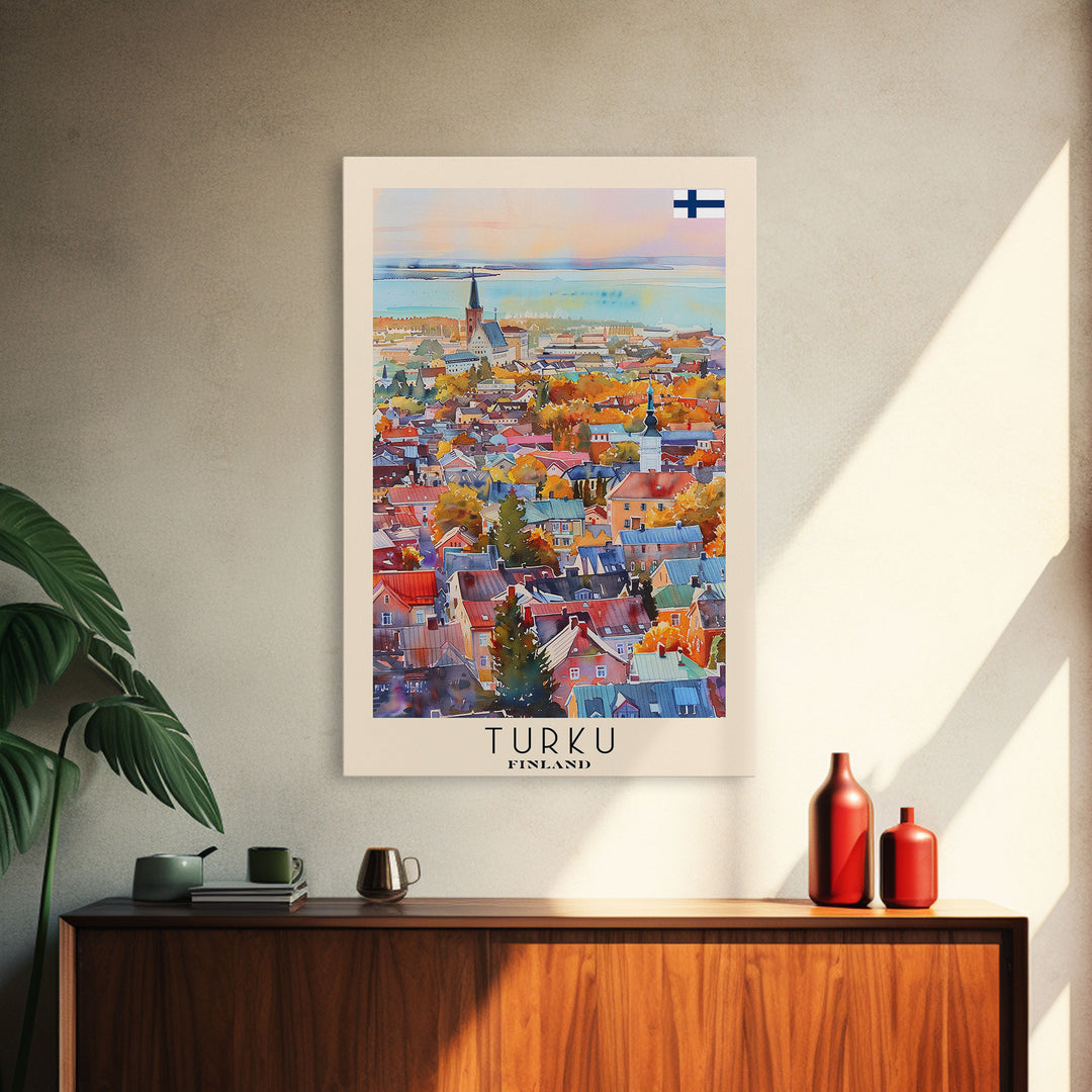 Turku Finland Travel Poster Framed Canvas Print, Watercolor Painting, Coastal Wall Art, Home Decor, Finnish Seaside, Contemporary Decor