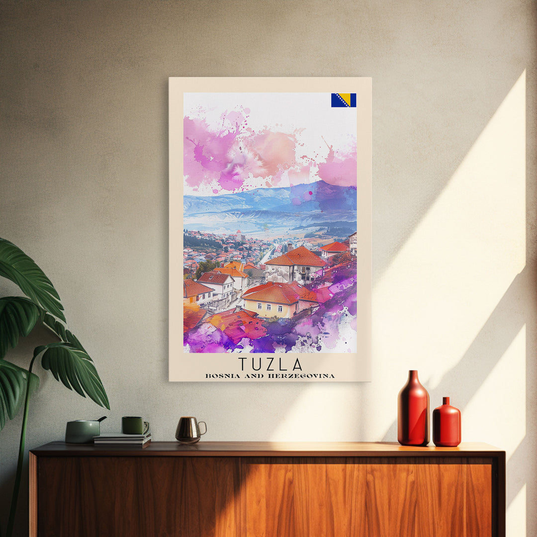 Tuzla Bosnia Travel Poster Framed Canvas Print, Watercolor Painting, Scenic Wall Art, Home Decor, Bosnian Landscape, Unique Art