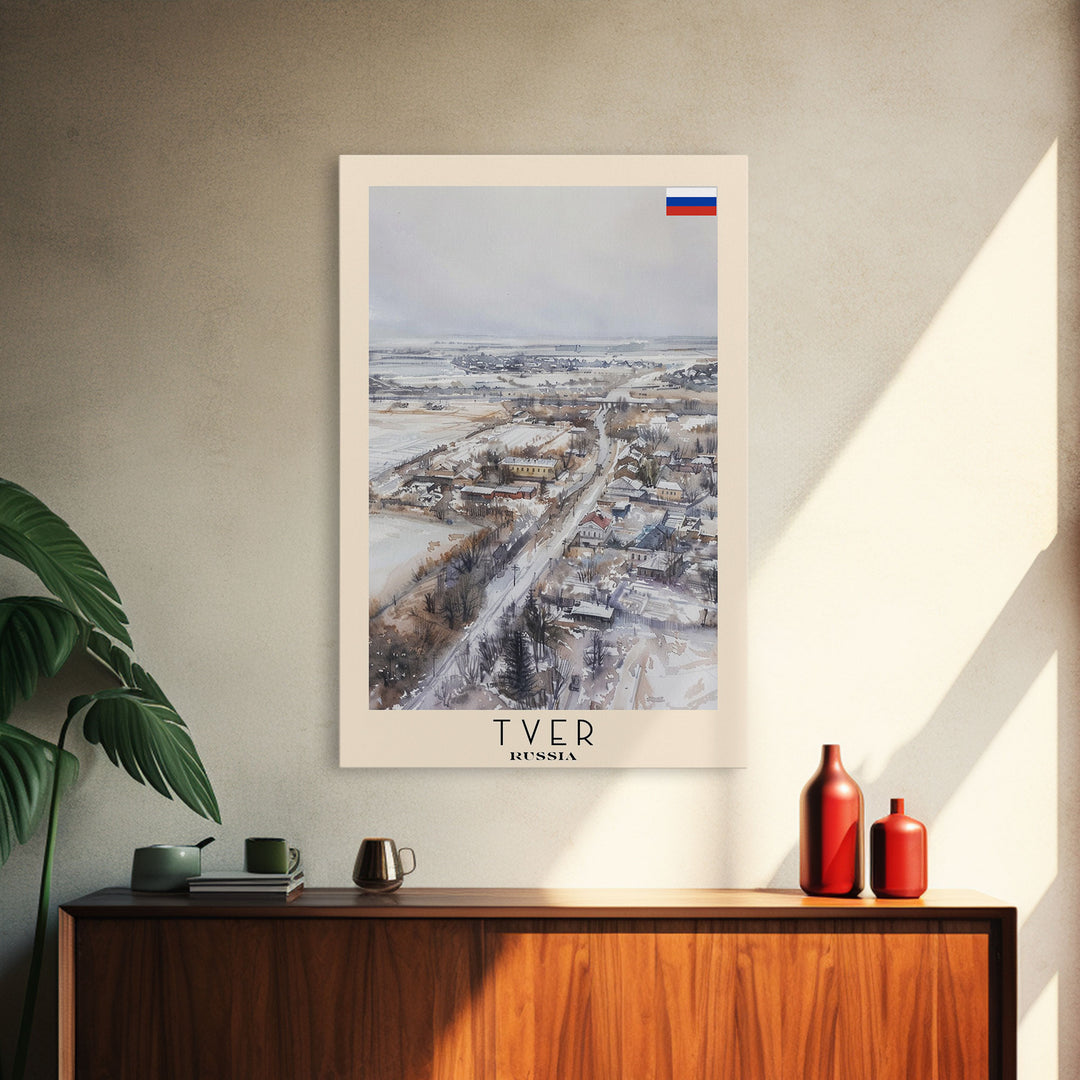 Tver Russia Travel Poster Framed Canvas Print, Watercolor Painting, Scenic Wall Art, Home Decor, Russian Landscape, Rustic Decor