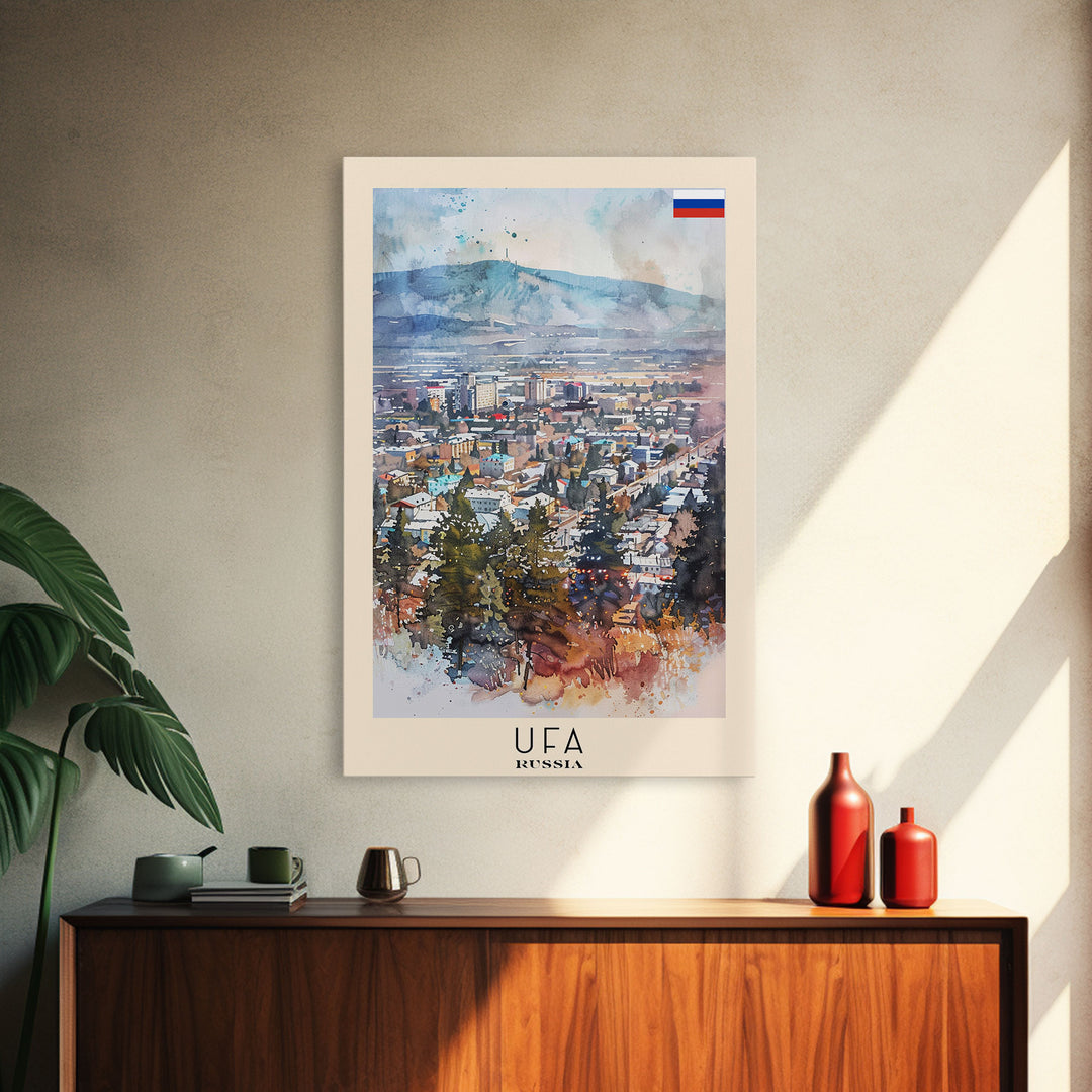 Ufa Russia Travel Poster Framed Canvas Print, Watercolor Painting, Scenic Wall Art, Home Decor, Russian Landscape, Vibrant Decor