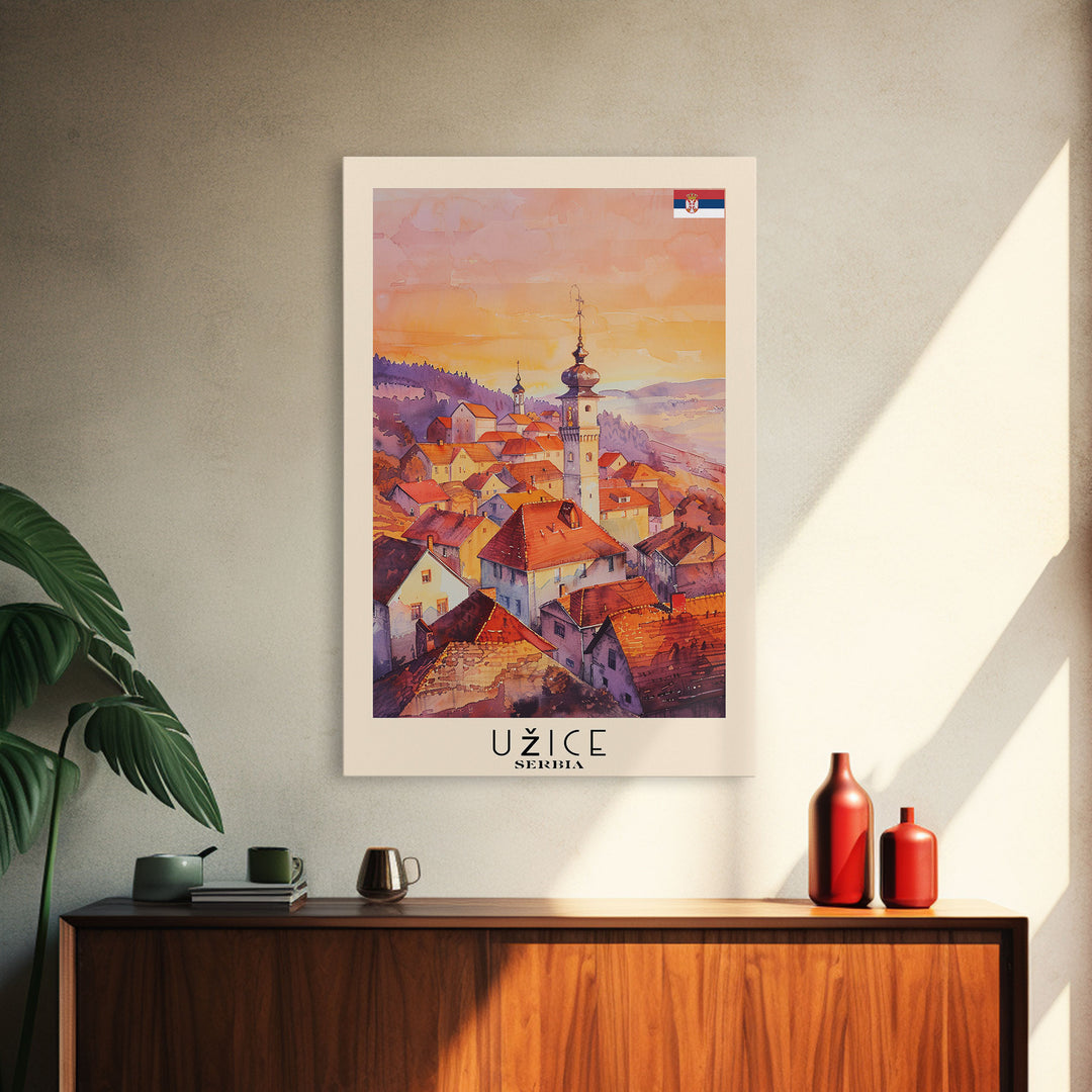 Uice Serbia Travel Poster Framed Canvas Print, Watercolor Painting, Scenic Wall Art, Home Decor, Serbian Landscape, Heritage Art