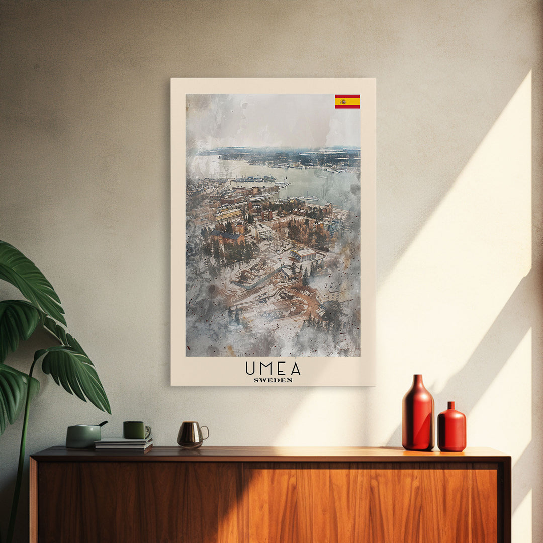 Ume Sweden Travel Poster Framed Canvas Print, Watercolor Painting, Scenic Wall Art, Home Decor, Swedish Landscape, Nordic Decor